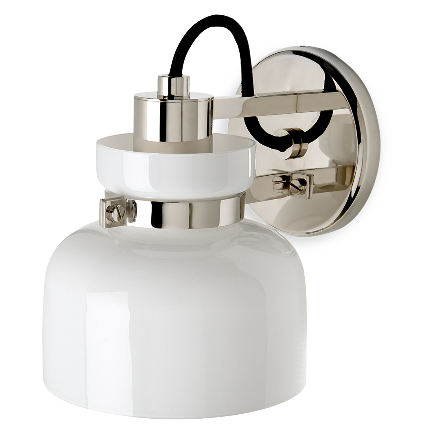 The Helio Wall Light%2C with its spare opal glass shade and brass ring arms%2C takes its cue from minimal and modern designs of the mid-twentieth century.