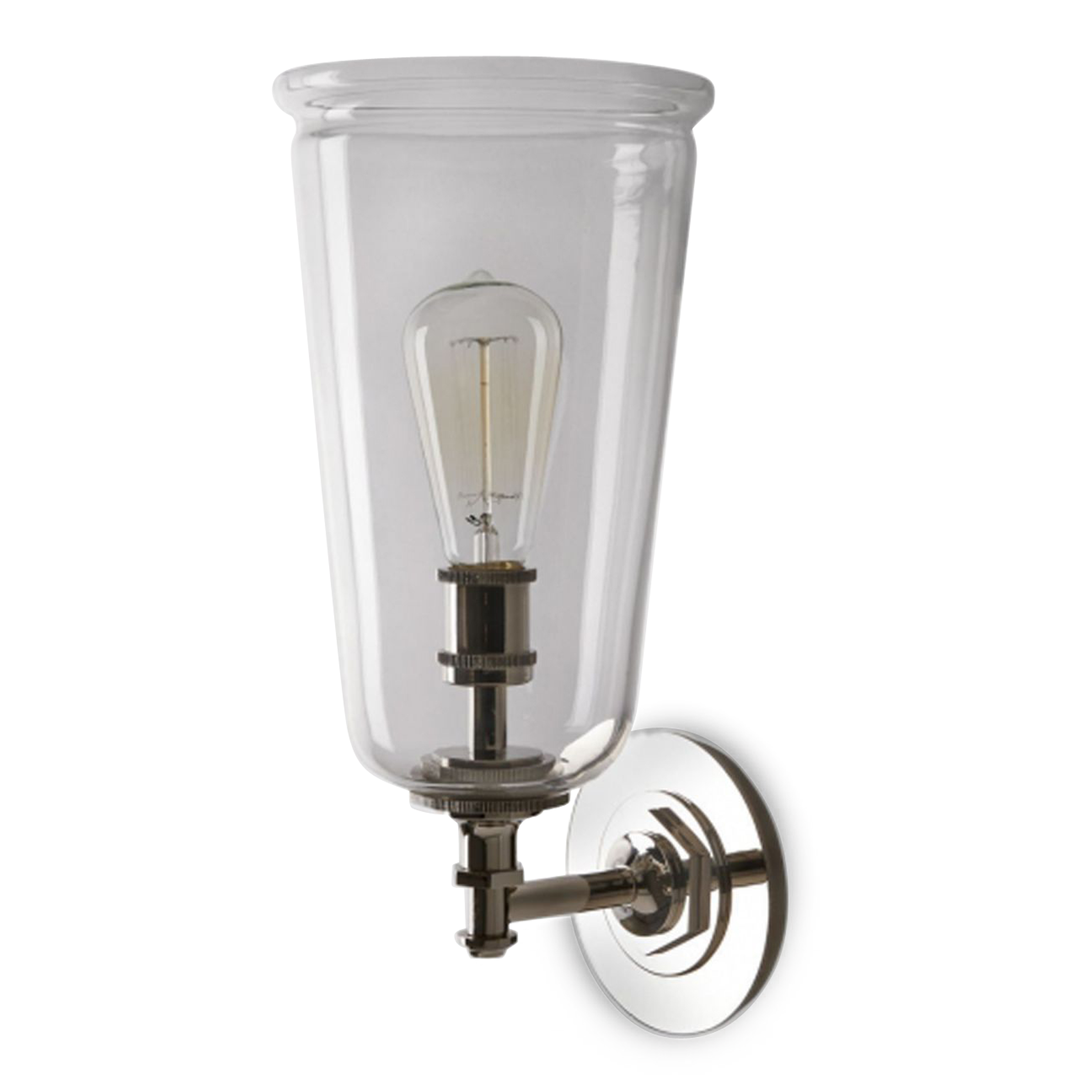 An industrial style sconce with a clear glass shade.