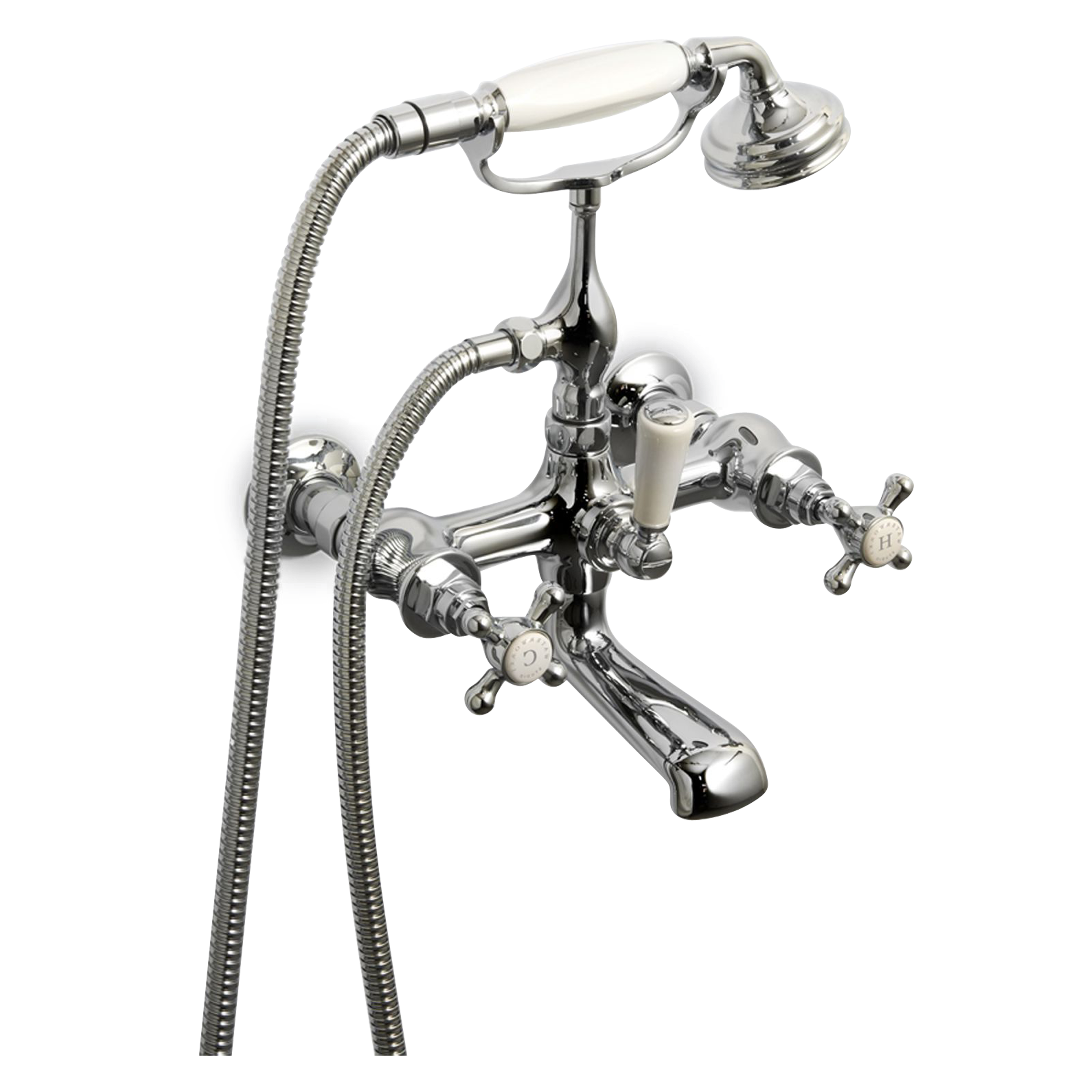A polished chrome tub cradle.