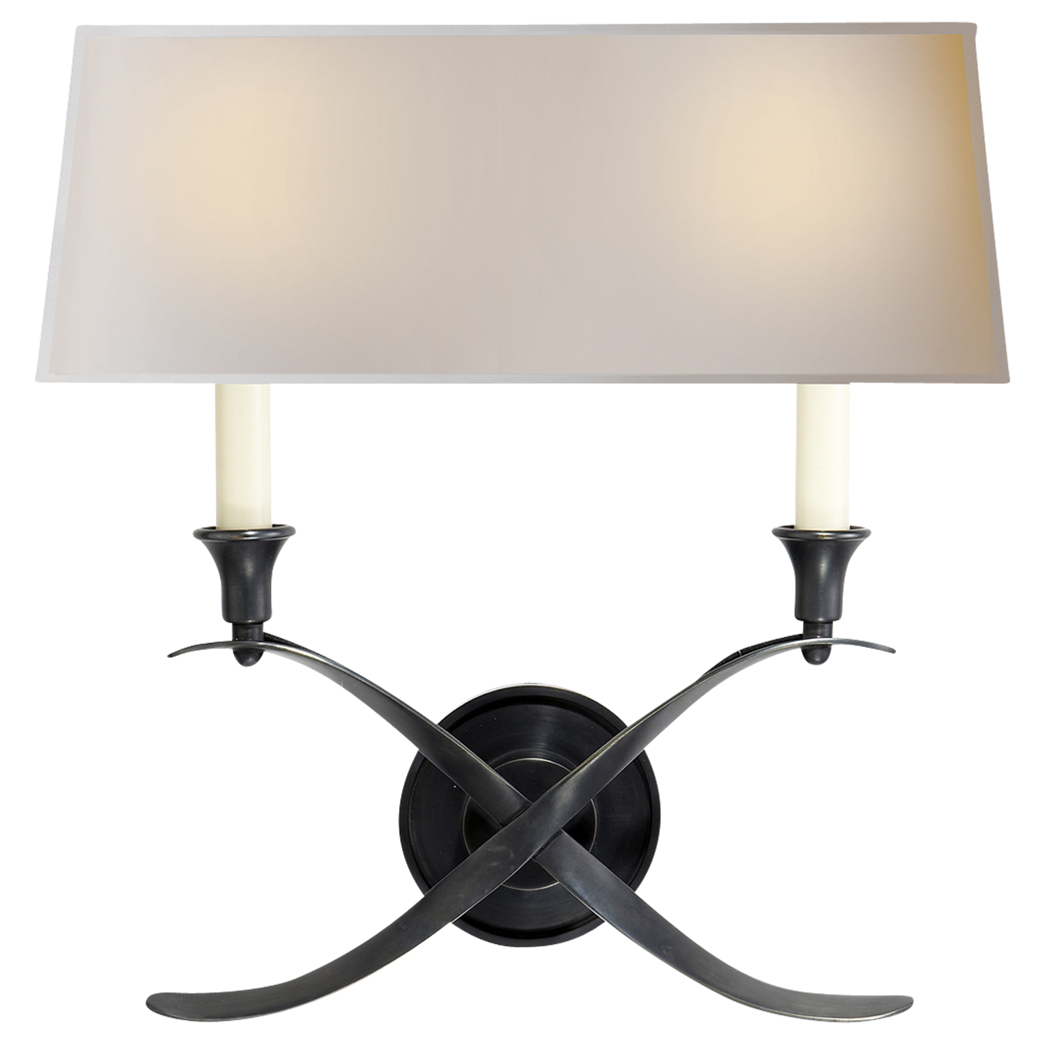 An ornamental yet simple bronze sconce with double candelabra lights and single natural paper shade.