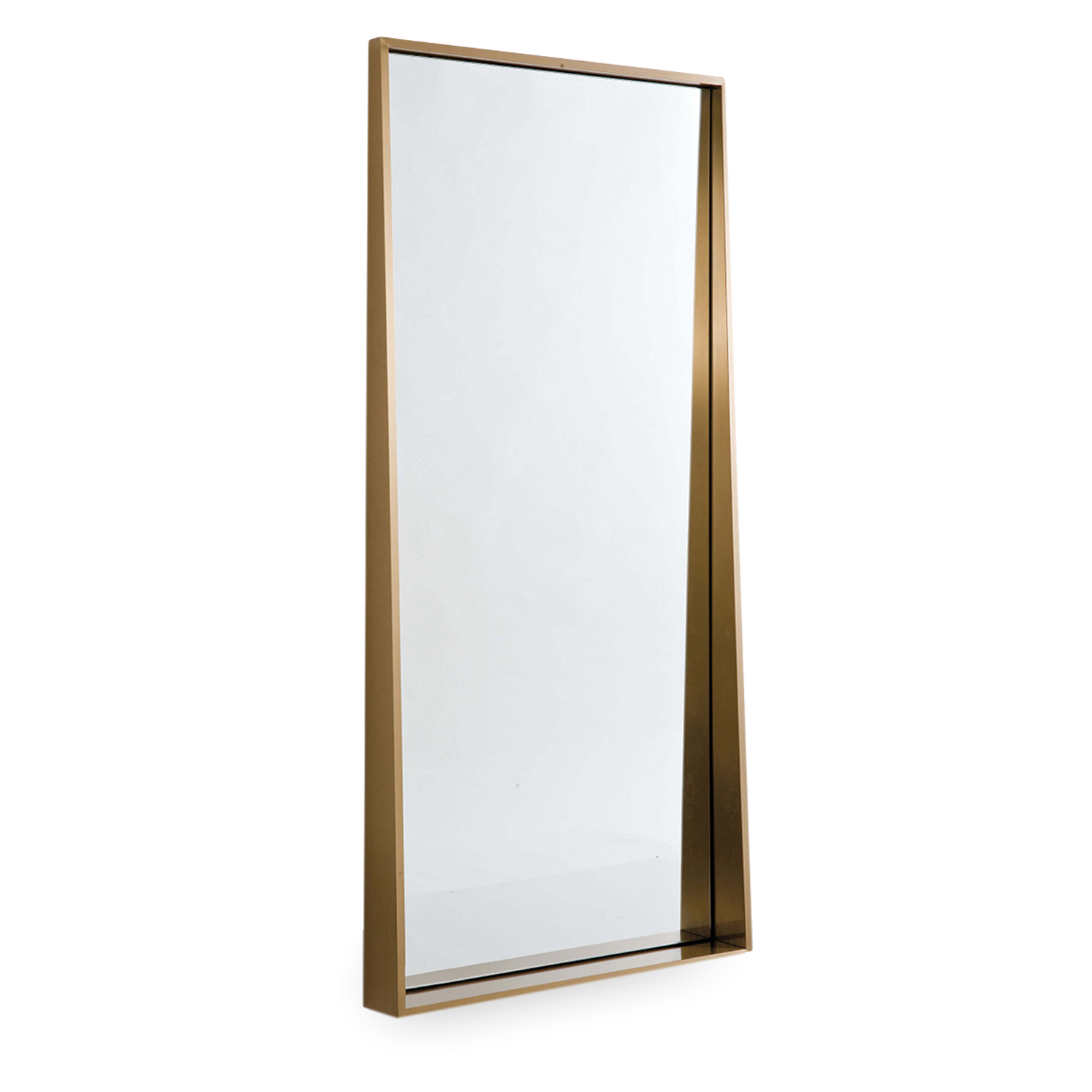 The Fader wall mirror features a sleek%2C contemporary design with a sloped shape in a sophisticated brass finish.