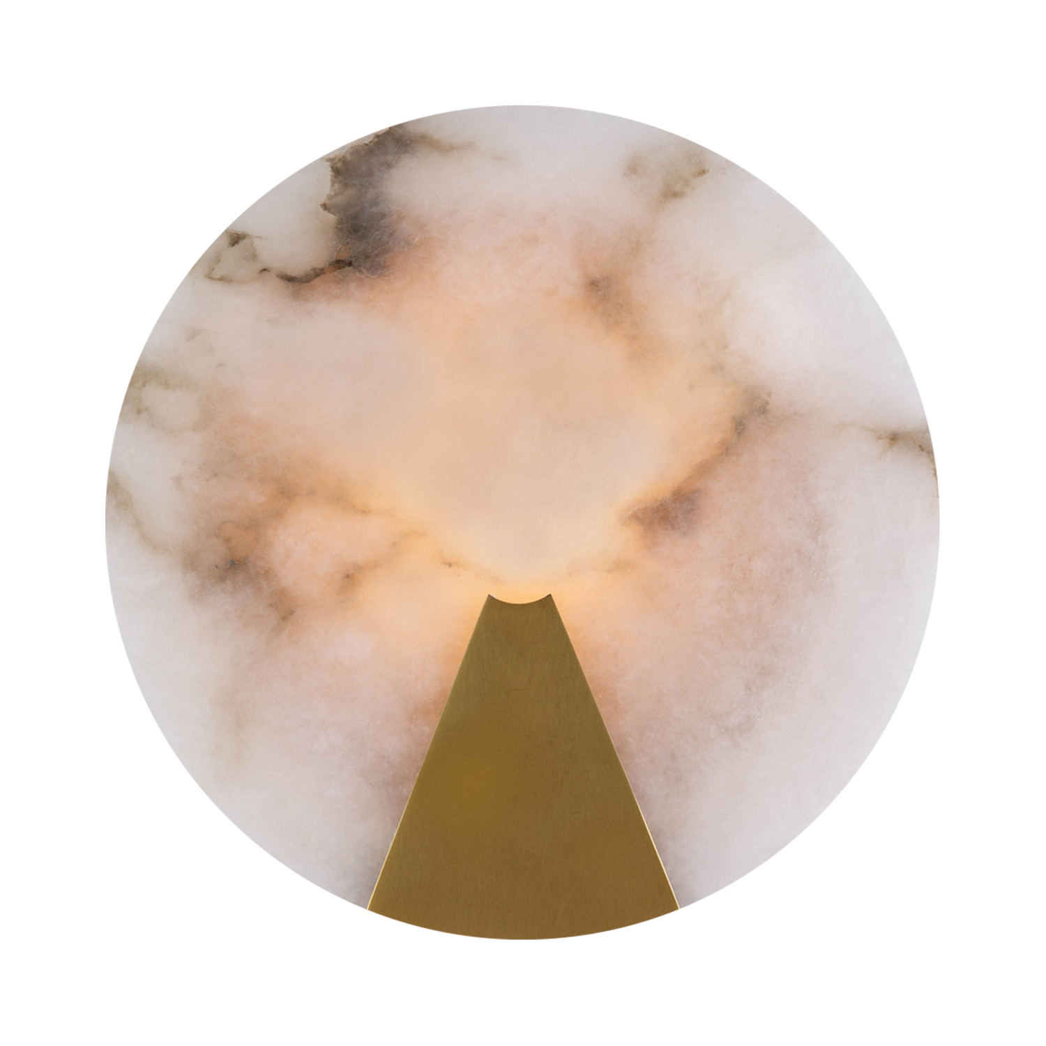 Cassius Wall Light showcases a round piece of natural alabaster secured by natural brass-finished metal framing.