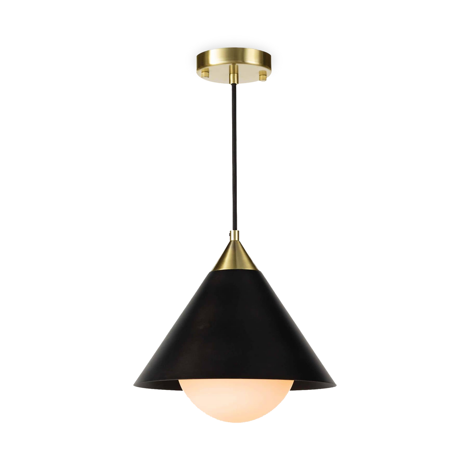 An elegantly modern pendant%2C the Hilton%27s conical shade is topped with a natural brass pop of contrast %E2%80%93 and finished with the same warm brass canopy.