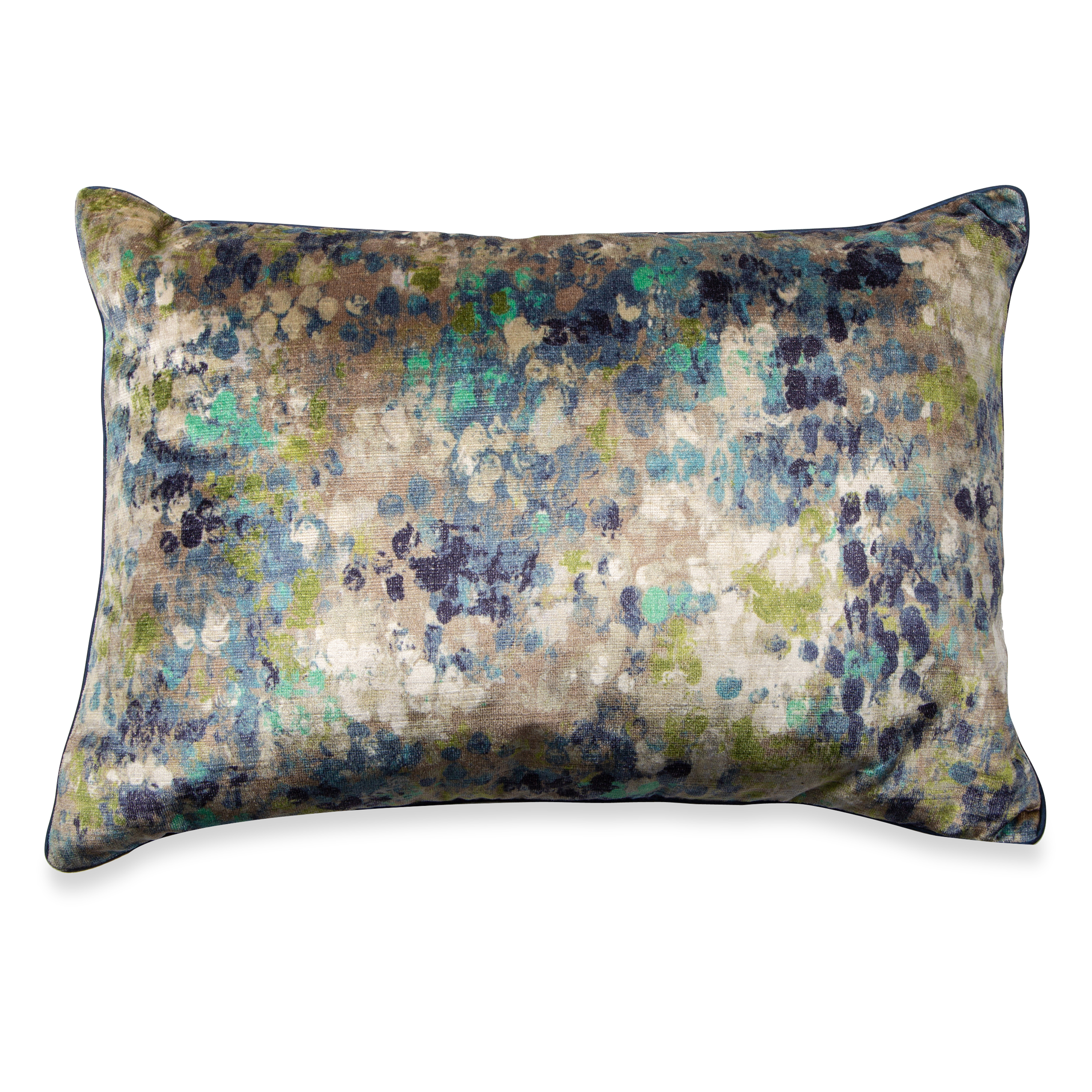 This Drop Cloth Pillow features an abstract brushstroke pattern in shades of grey and blue velvet.