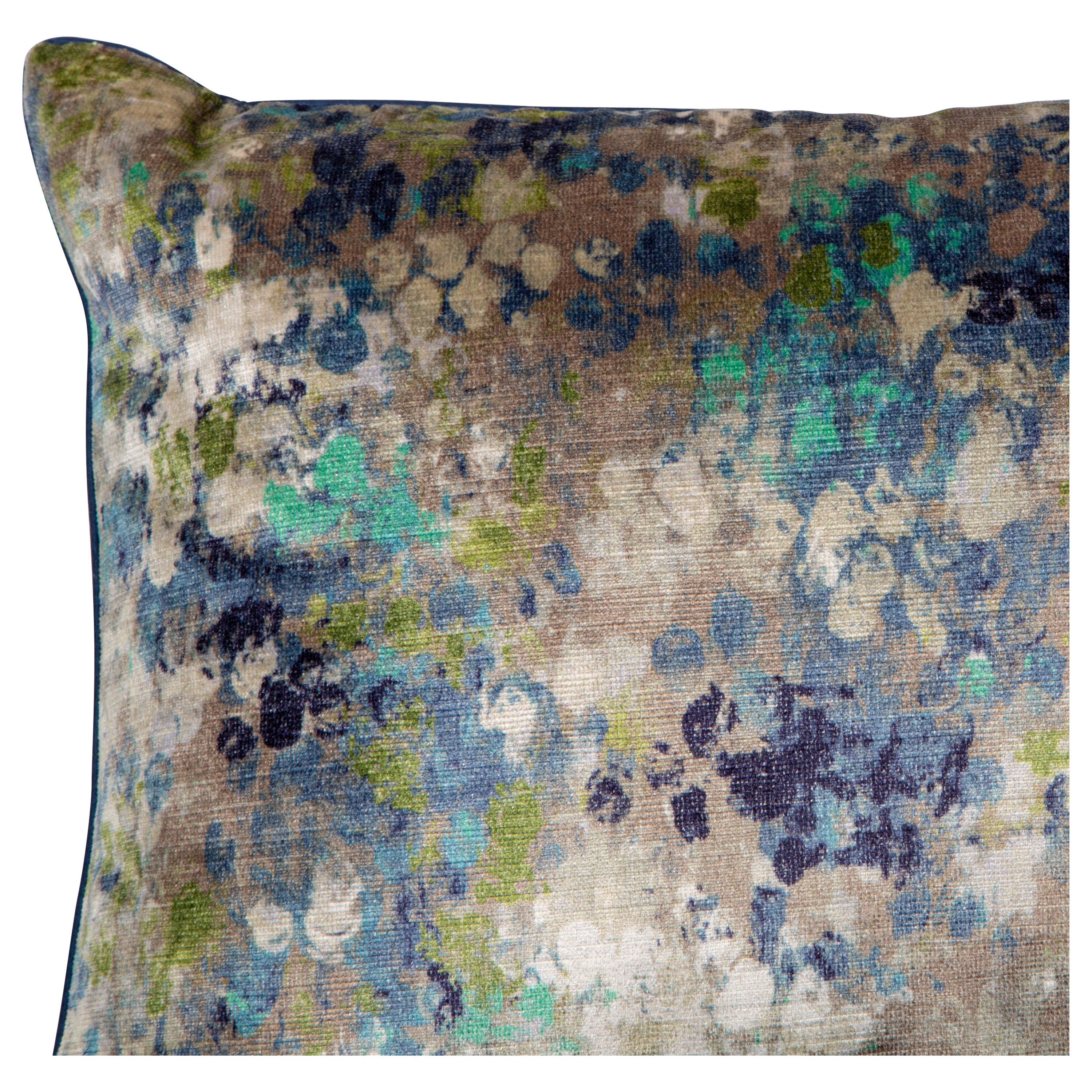 This Drop Cloth Pillow features an abstract brushstroke pattern in shades of grey and blue velvet.