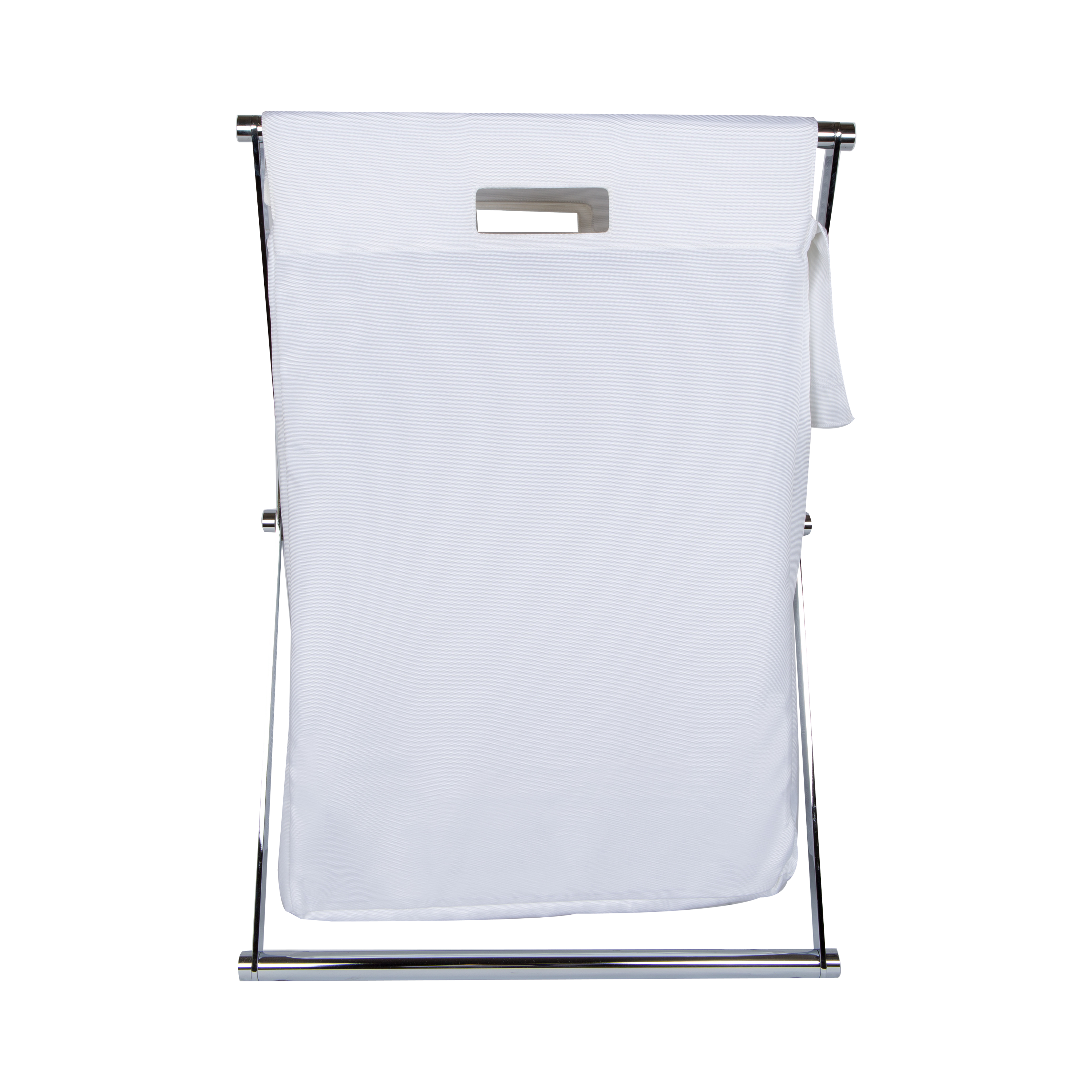 The Cross Laundry Basket features a chrome frame with nylon laundry bag.
