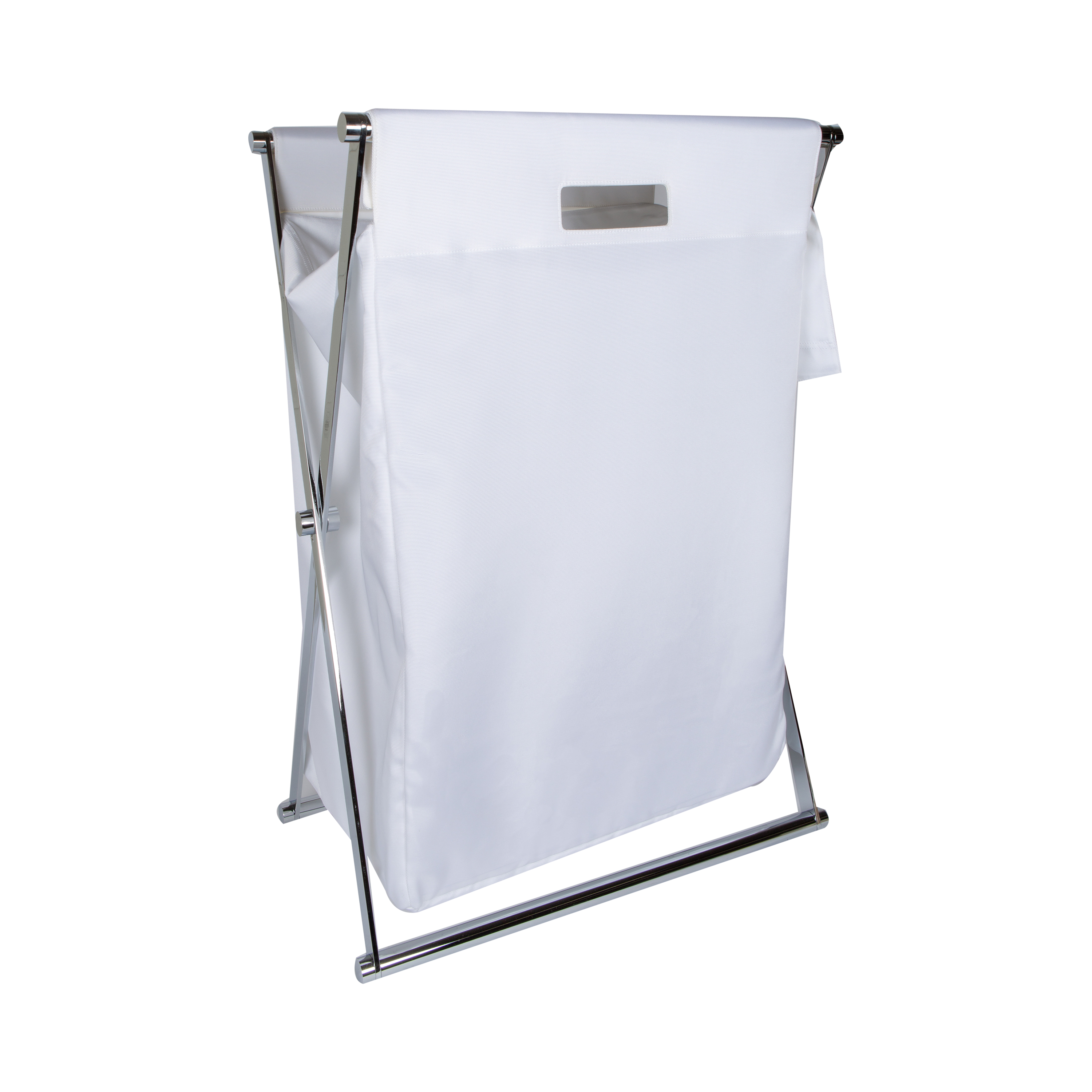 The Cross Laundry Basket features a chrome frame with nylon laundry bag.