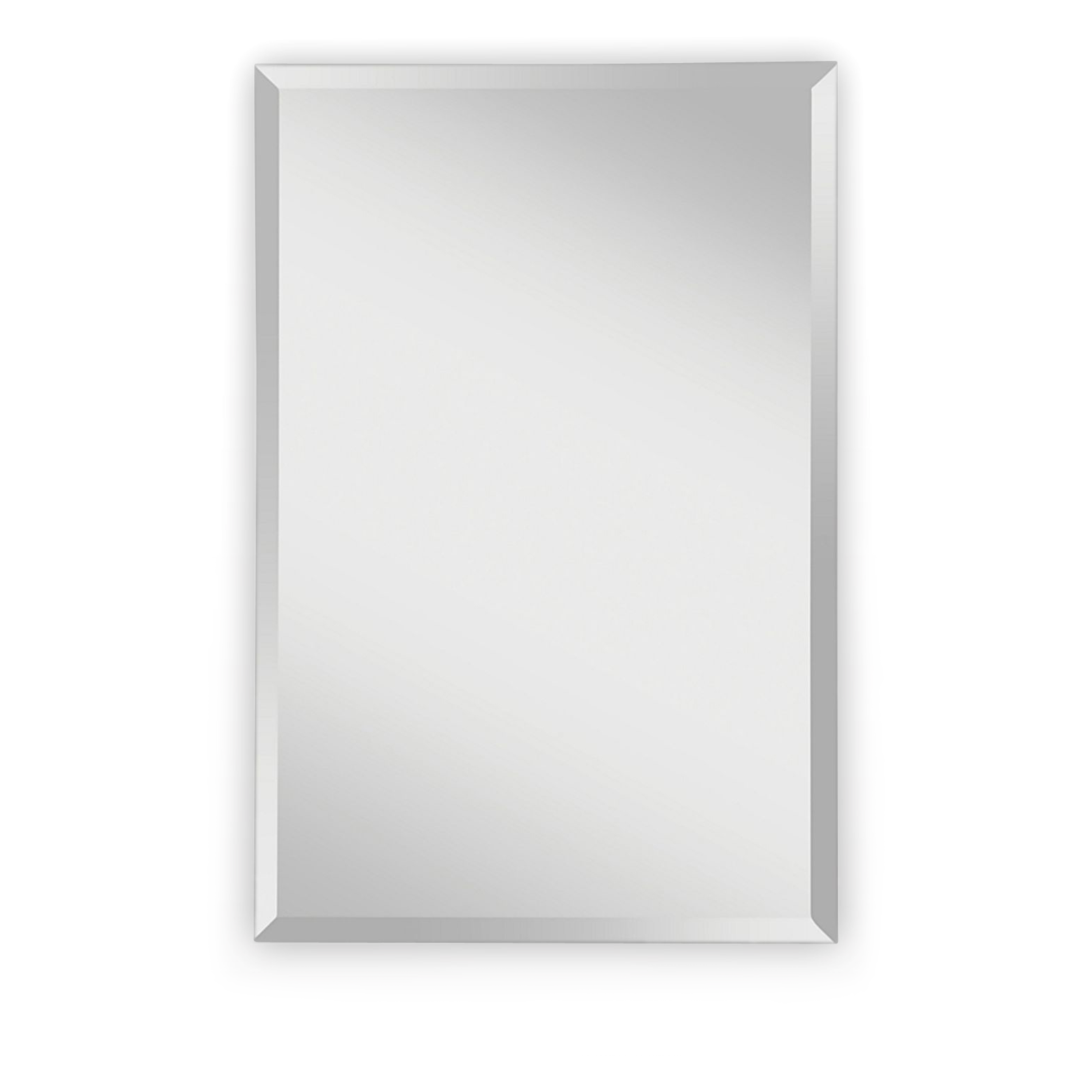 A sleek, frameless, contemporary mirror with a rectangular shape and a generously bevelled edge.