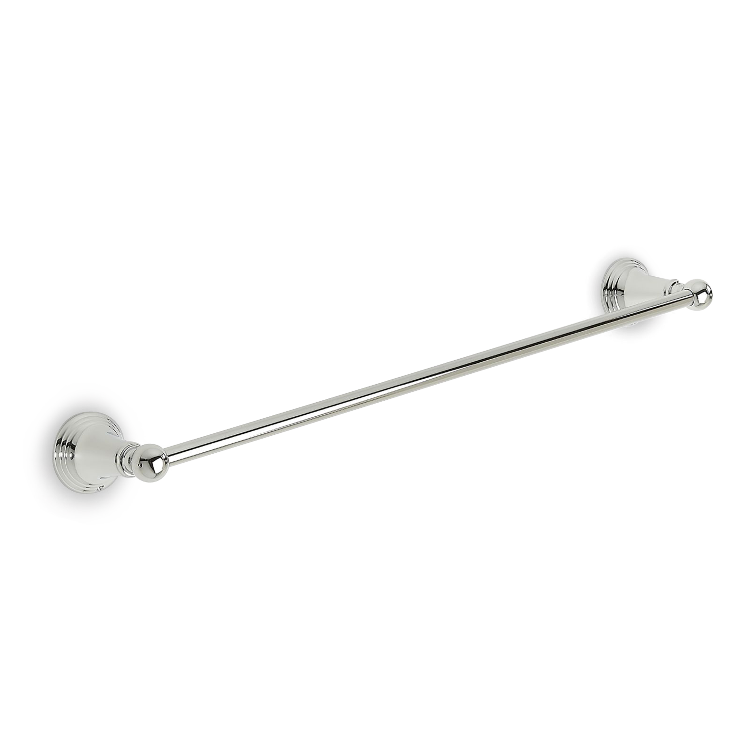 A beautiful, transitional, towel bar with ridged patterns at its bases.