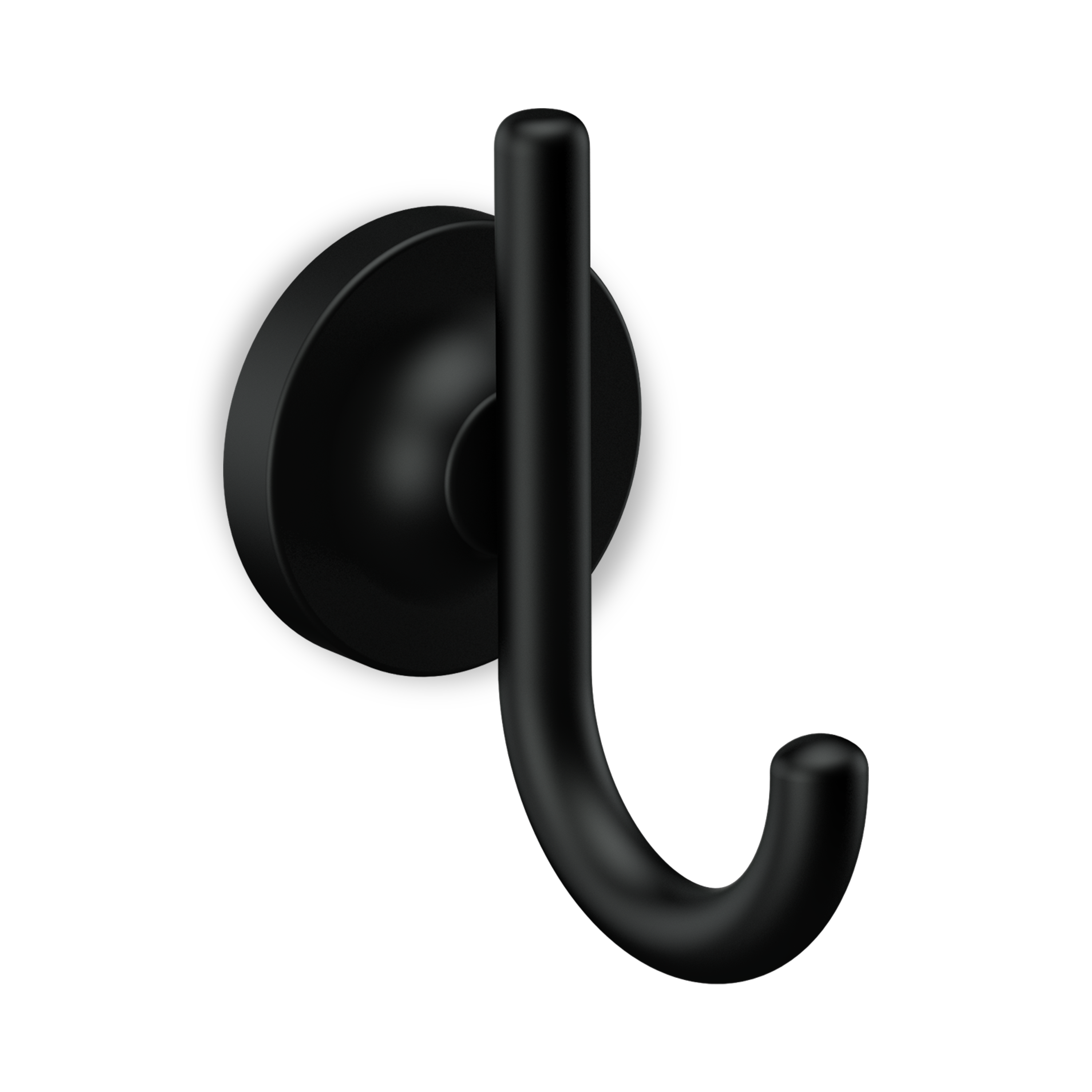A magnificent, modern robe hook with a "J" shape and a sleek, circular base.