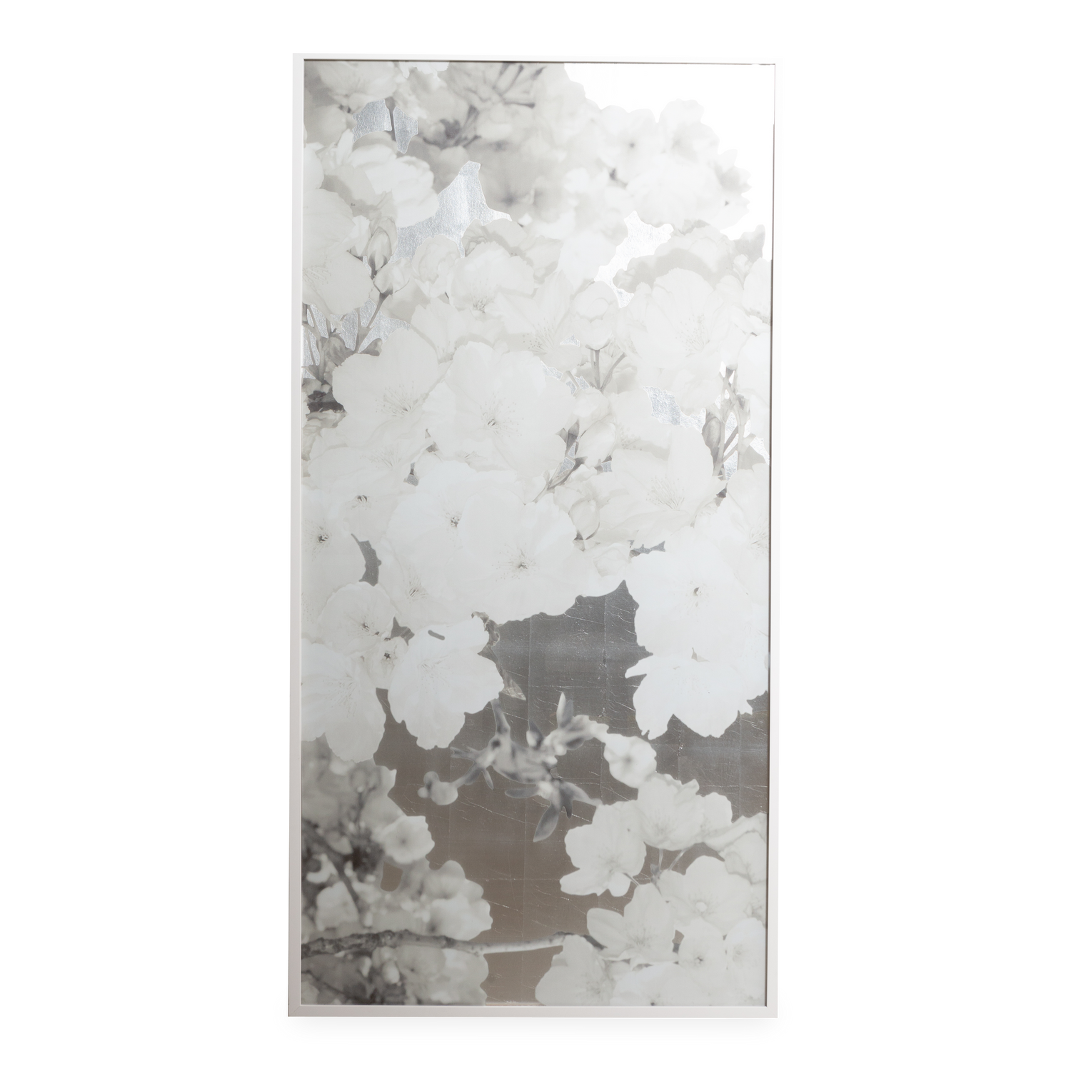 This floral art piece features elegant cherry blossoms that are painted in contrast to a bold hand applied silver leaf background%2C bringing in an element of nature into your space.