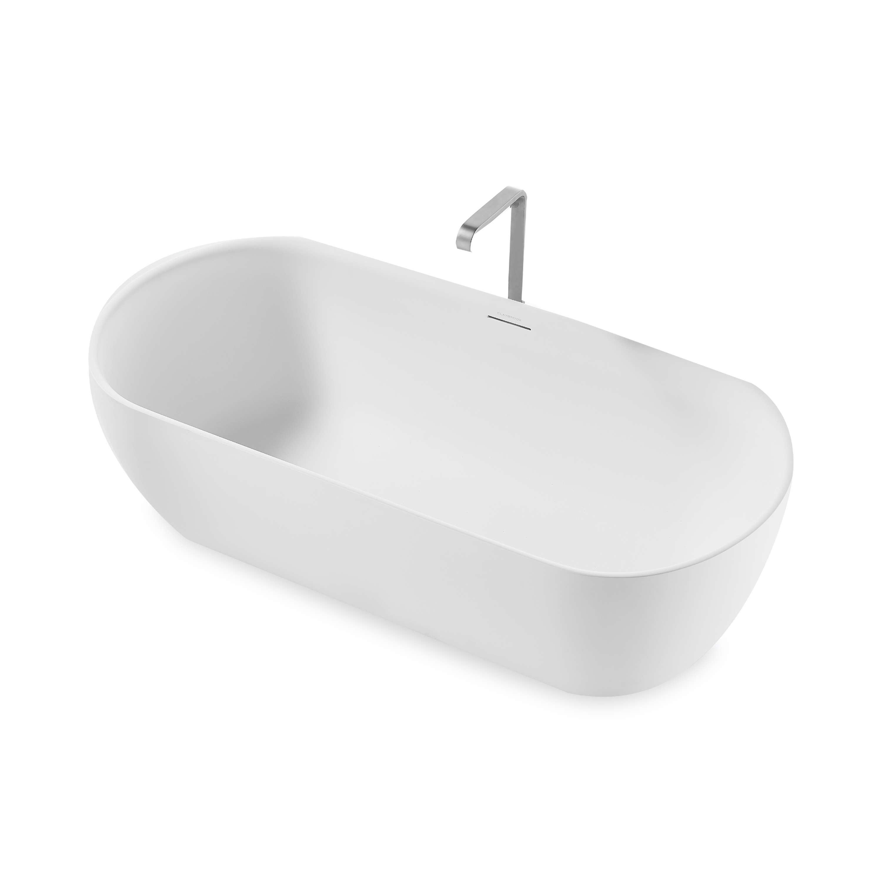 Freestanding soaker bath with tapered rim and integrated linear overflow.