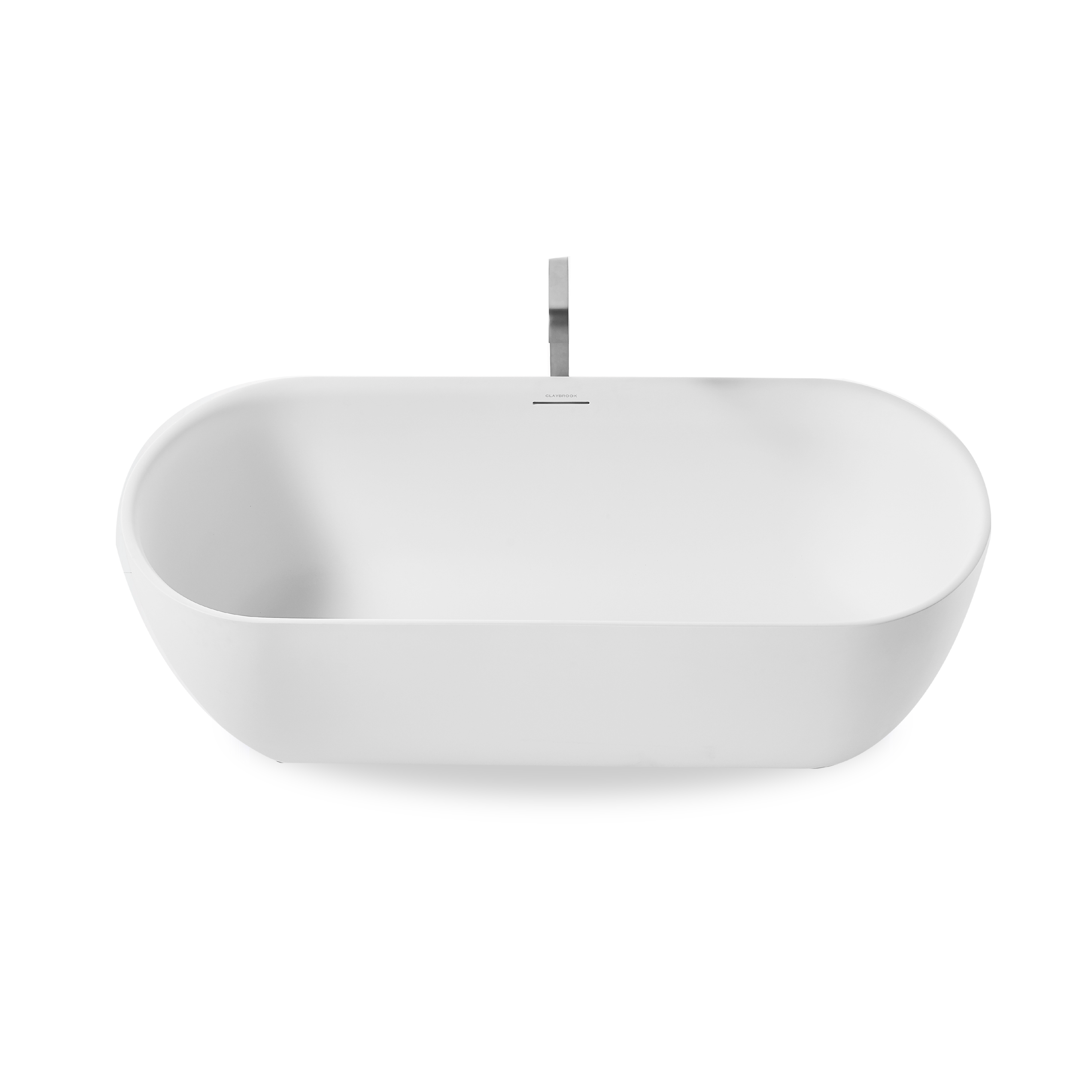 Freestanding soaker bath with tapered rim and integrated linear overflow.