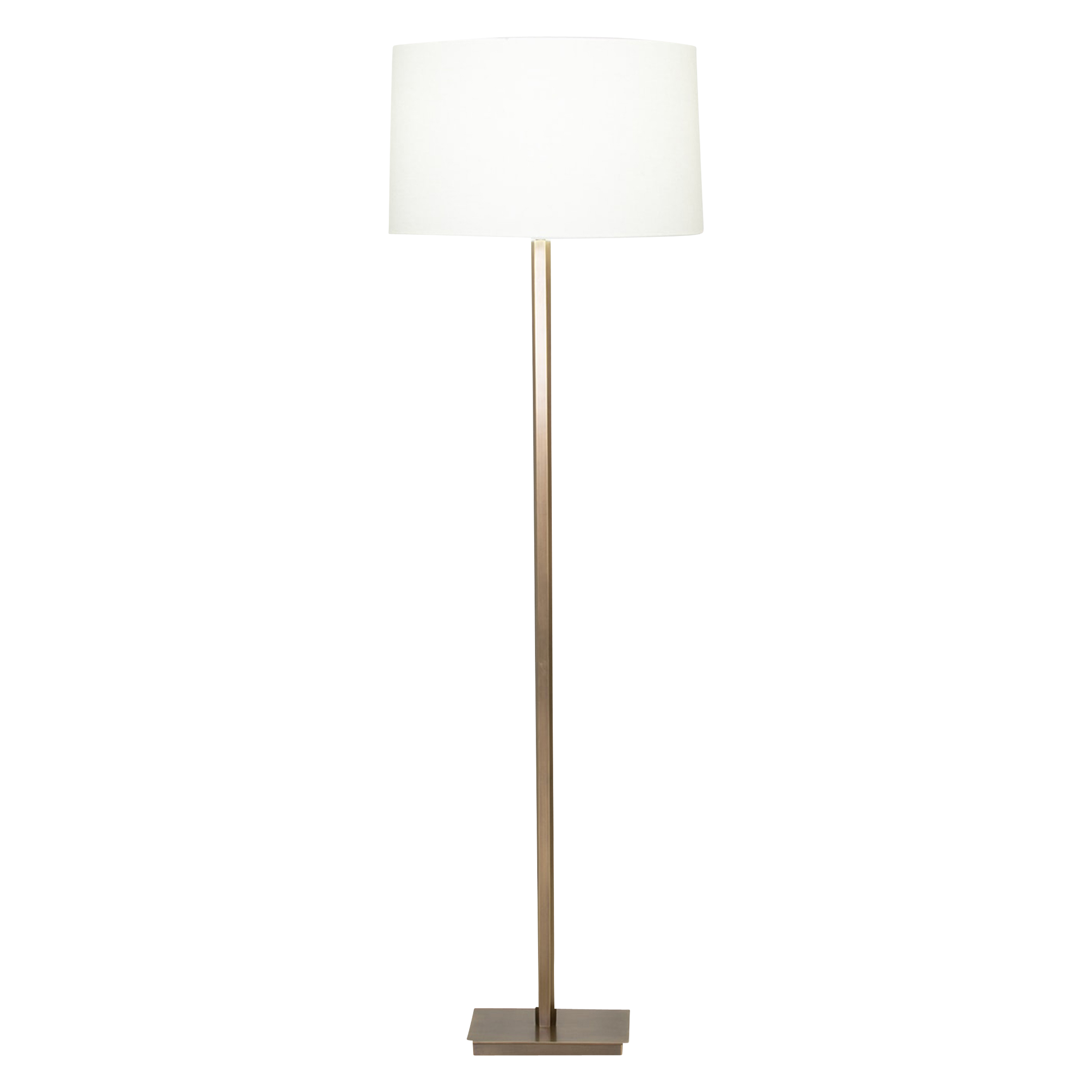 A sleek floor lamp that features an aged brass finish and a contrasting natural paper lamp shade.