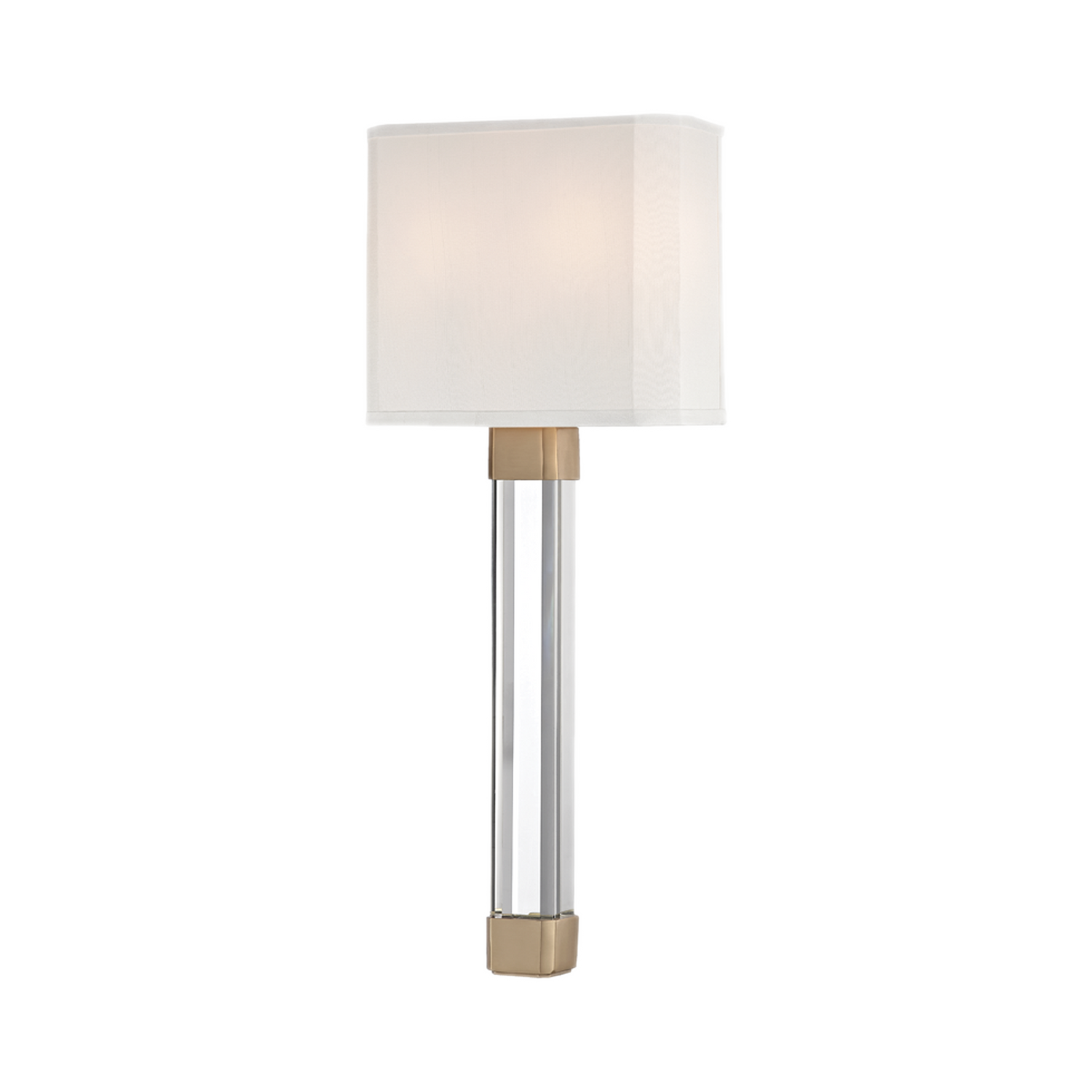 A long and thick arm of faceted crystal supports the shade-covered bulb in our Larissa family.