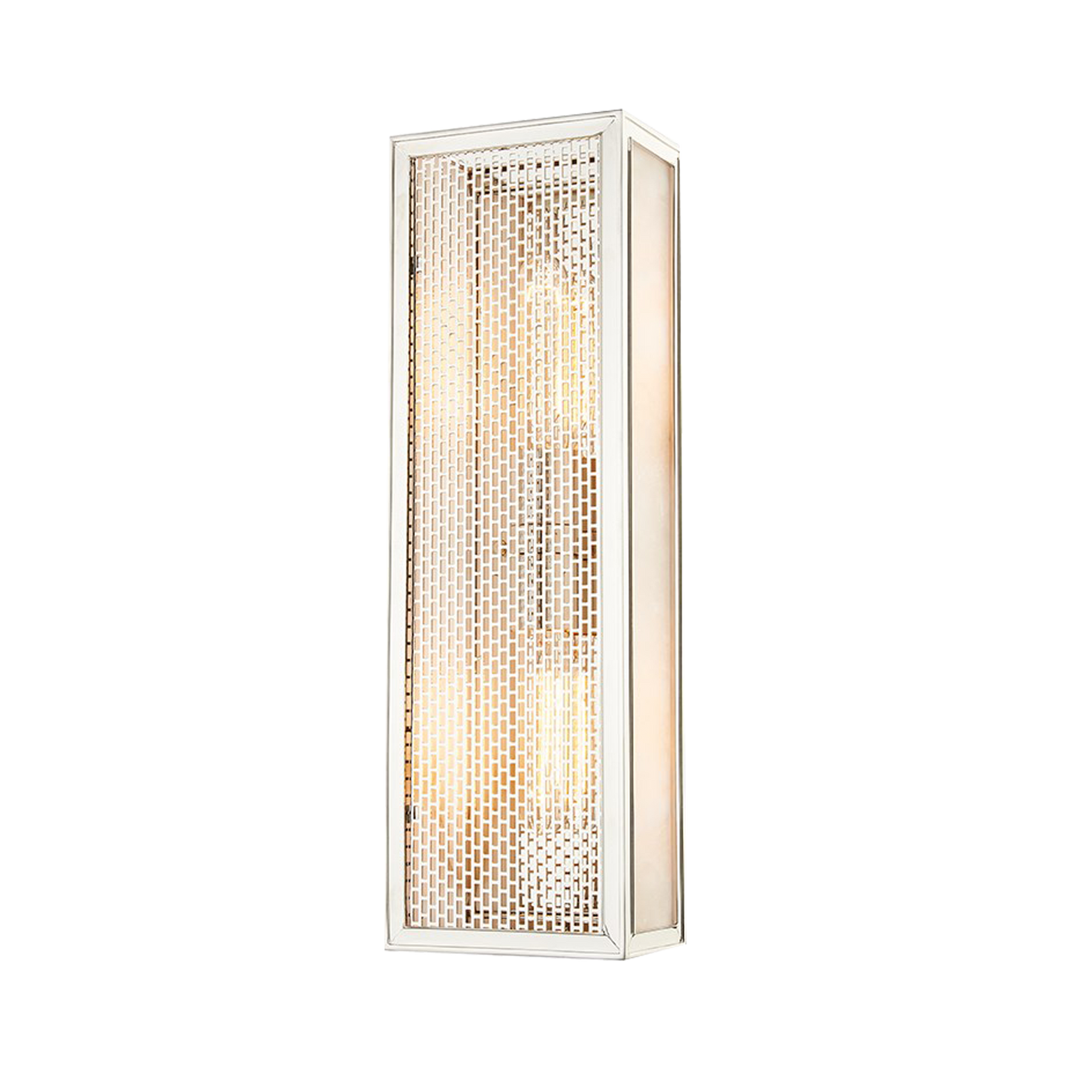 A sleek%2C contemporary metal form finished in chic polished nickel features a caged front and alabaster sides%2C which create a soft%2C warm glow.