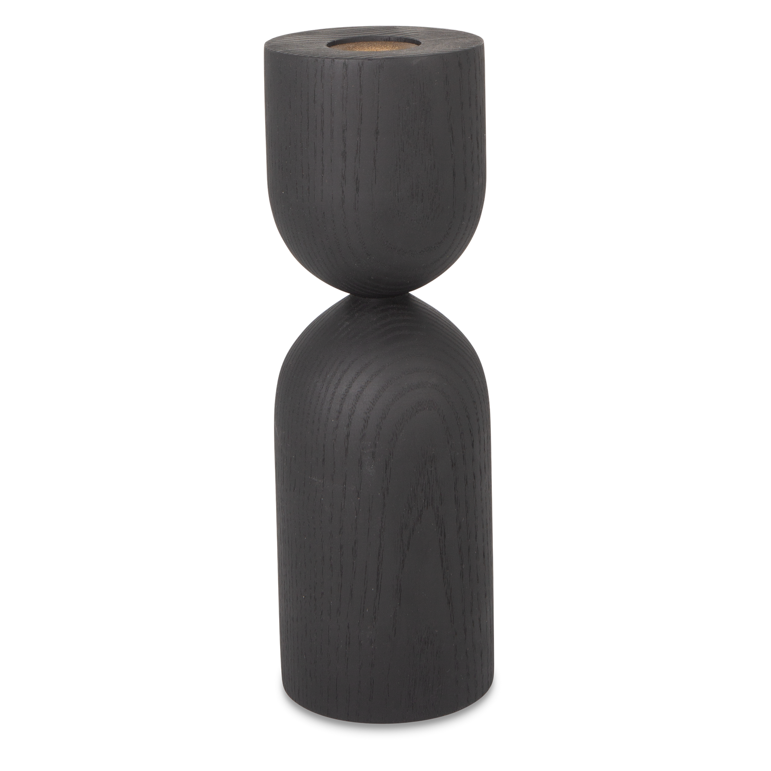 Turned from solid ebonized ash wood%2C the Hourglass Taper Candleholder feature distinct and eye-catching forms.