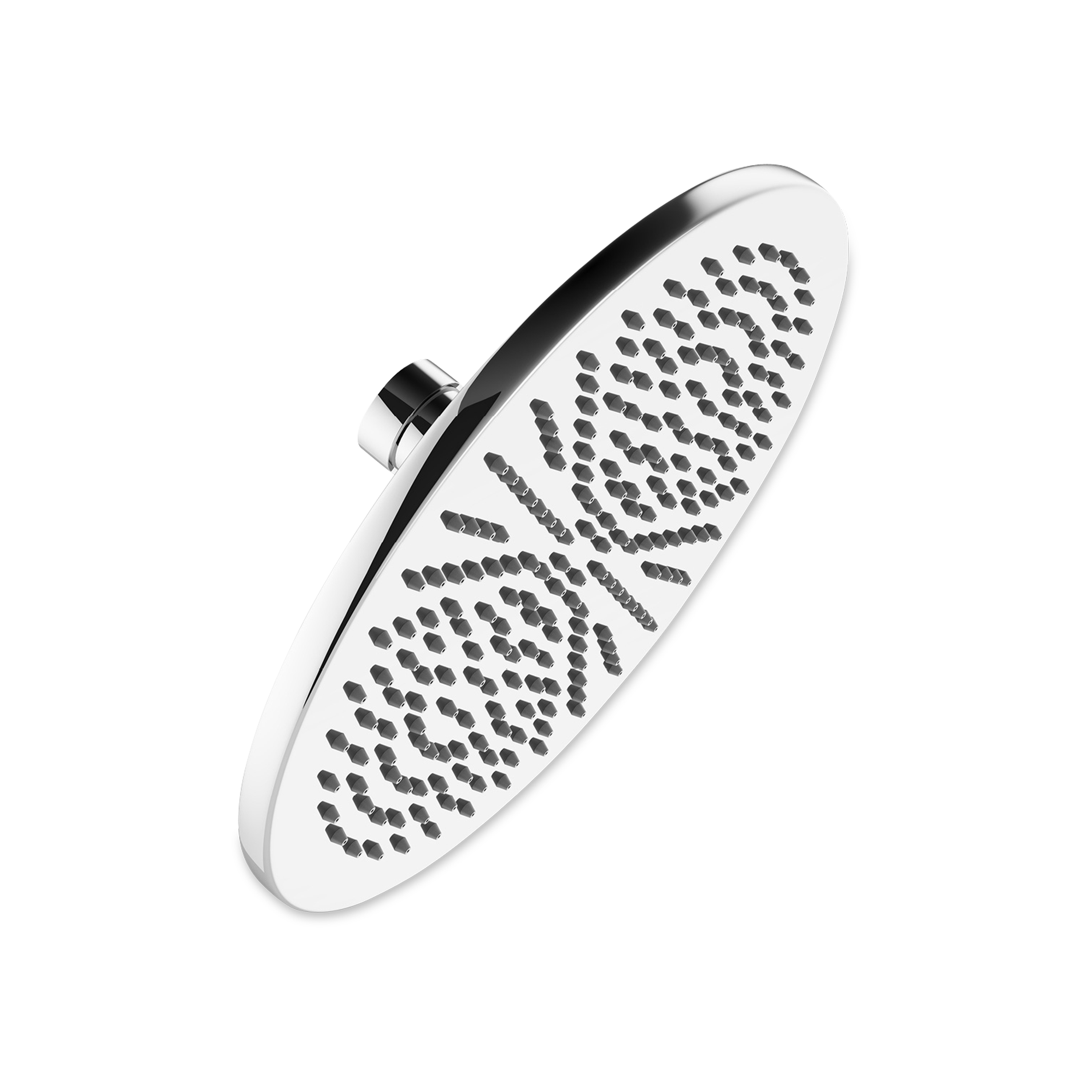 A modern shower head featuring cylindrical shapes and curved lines creating a simple clean feel.