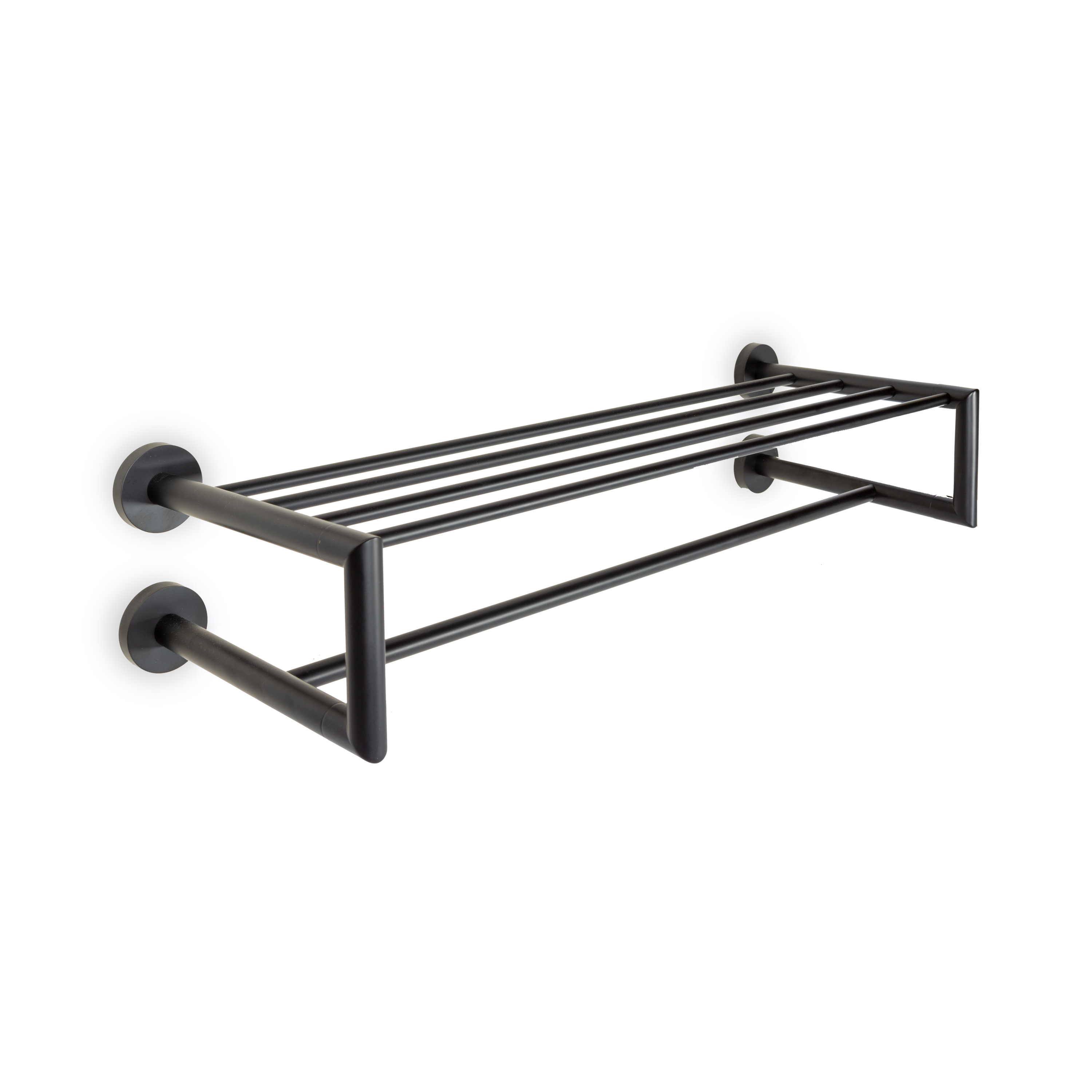 A cylindrical contemporary towel shelf with rail.