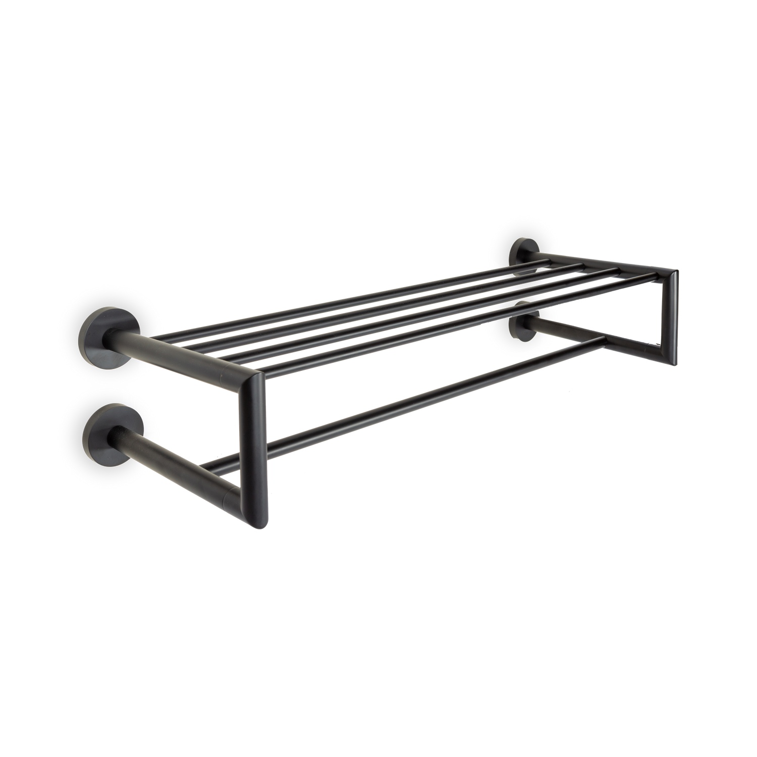 A cylindrical contemporary towel shelf with rail.