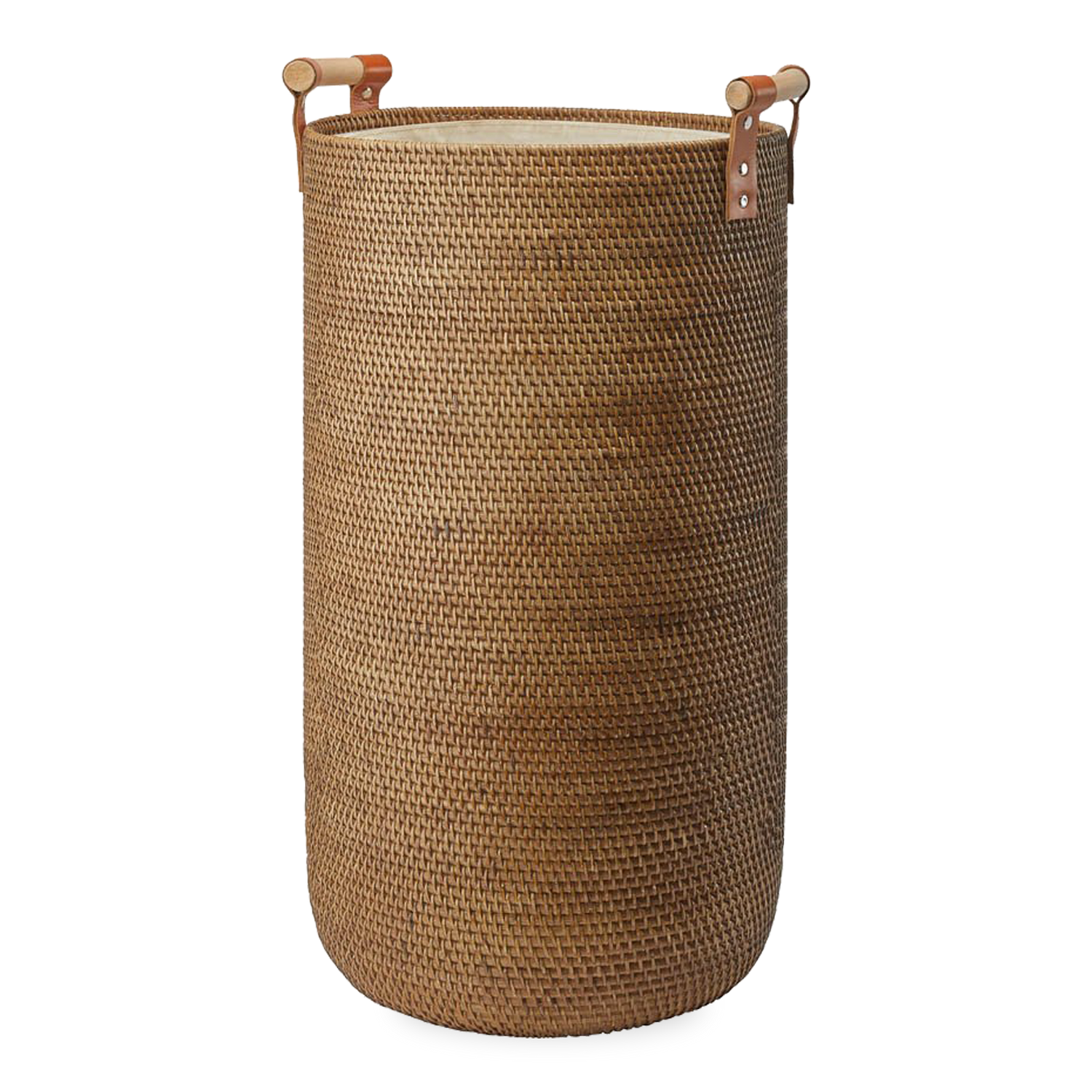 This basket is handcrafted from 100%25 rattan material with classic leather and rattan handles.