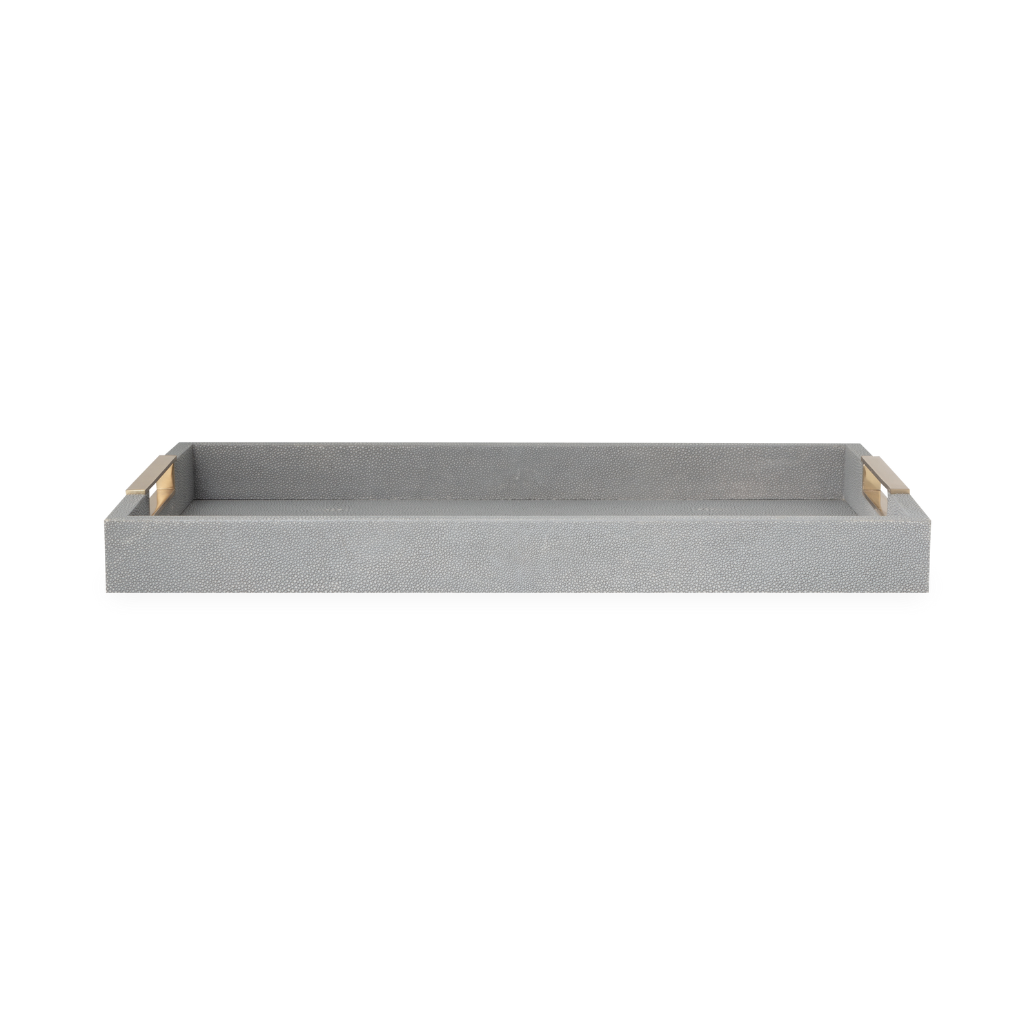 This circular tray is a stylish addition to entertaining%2C with an embossed faux shagreen finish and brass caged integrated handles along the perimeter.