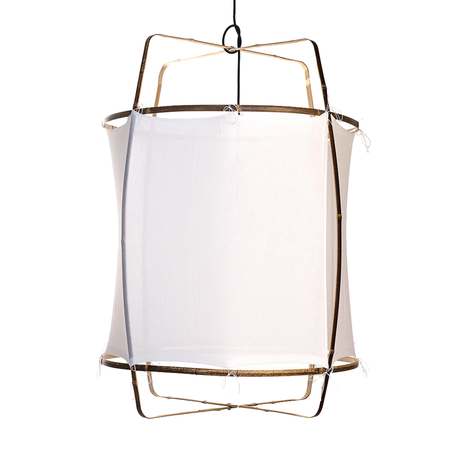 The Z1 Black Cotton Cover pendant has a handcrafted black bamboo frame sheathed in hand knitted white cotton that leaves the upper and lower portions of the fixture uncovered for a