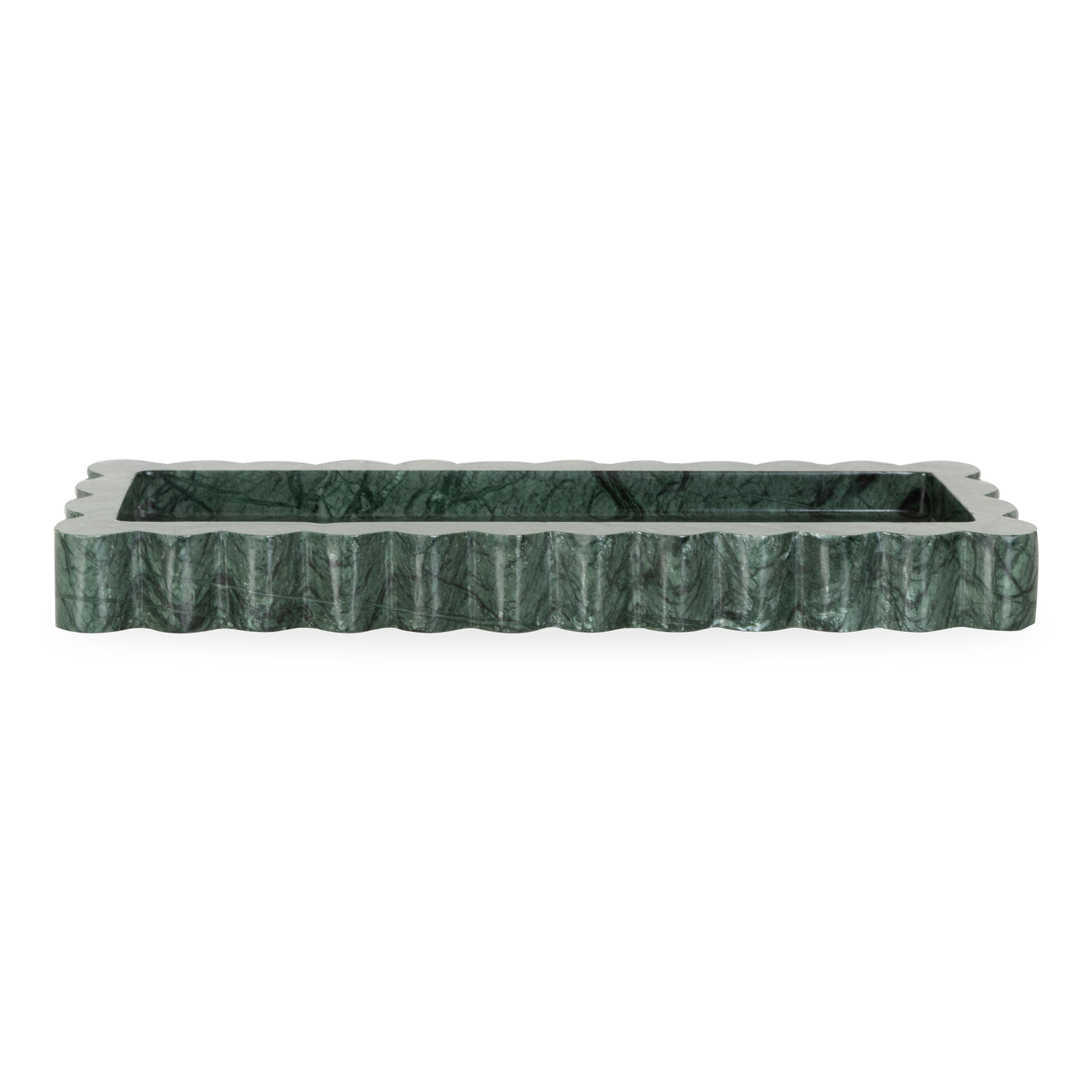 The Scallop Marble Tray is a sculptural tray cut from a single piece of solid marble with scalloped edges%2C hand-finished by artisans in a growing stone atelier in Rajasthan%2C India.