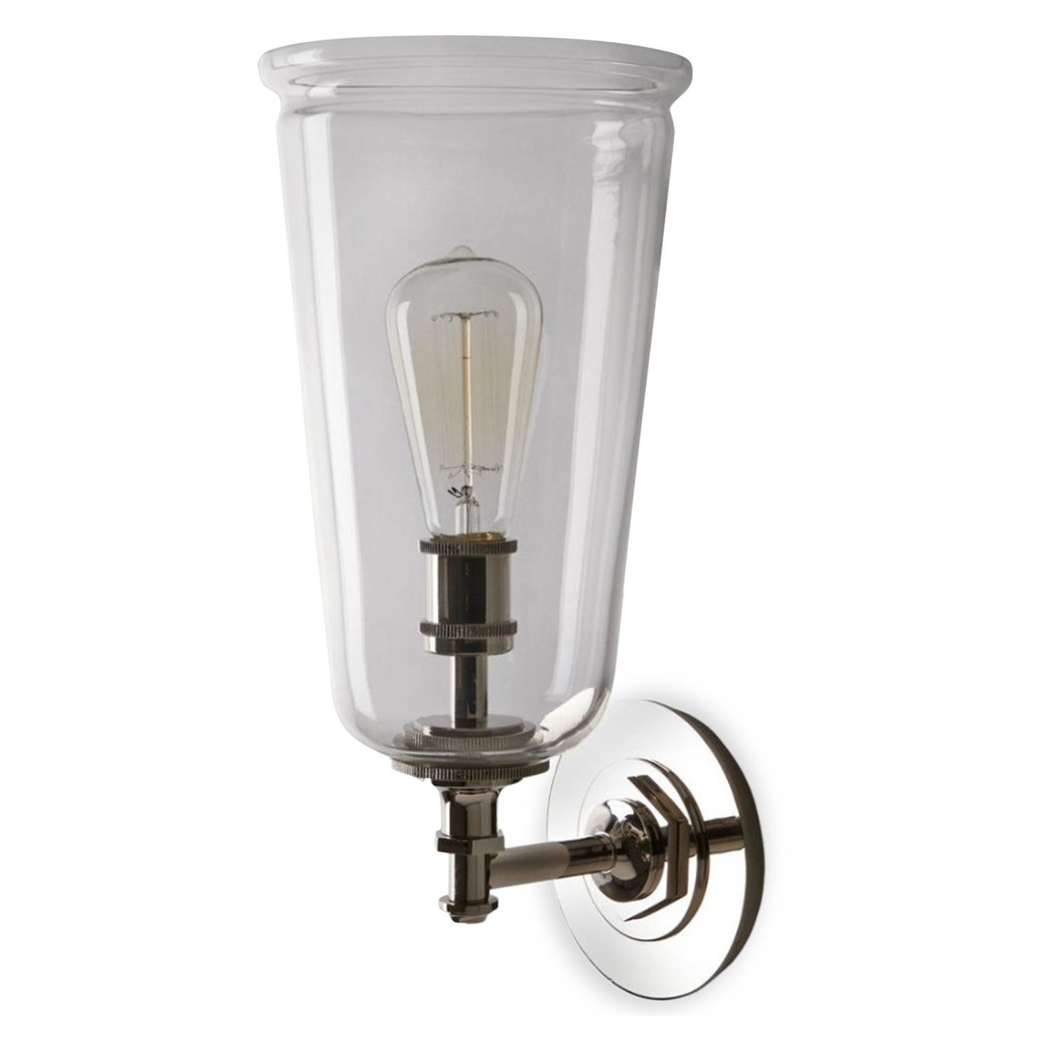 An industrial style sconce with a clear glass shade.