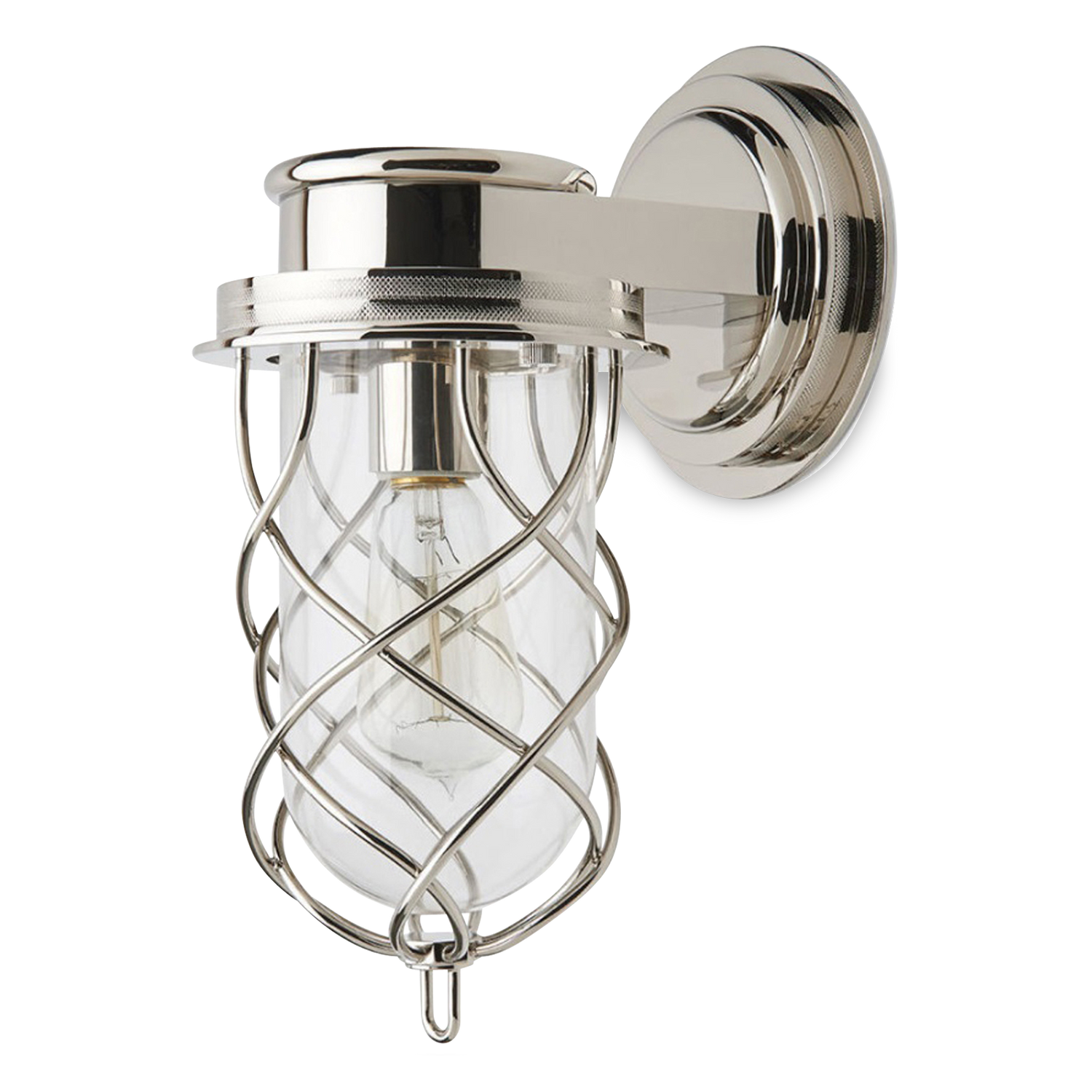 Sturdy%2C rugged and yet refined%2C the Compass sconce features a clear glass bell shade enclosed in a woven brass cage that is held by knurled rings.