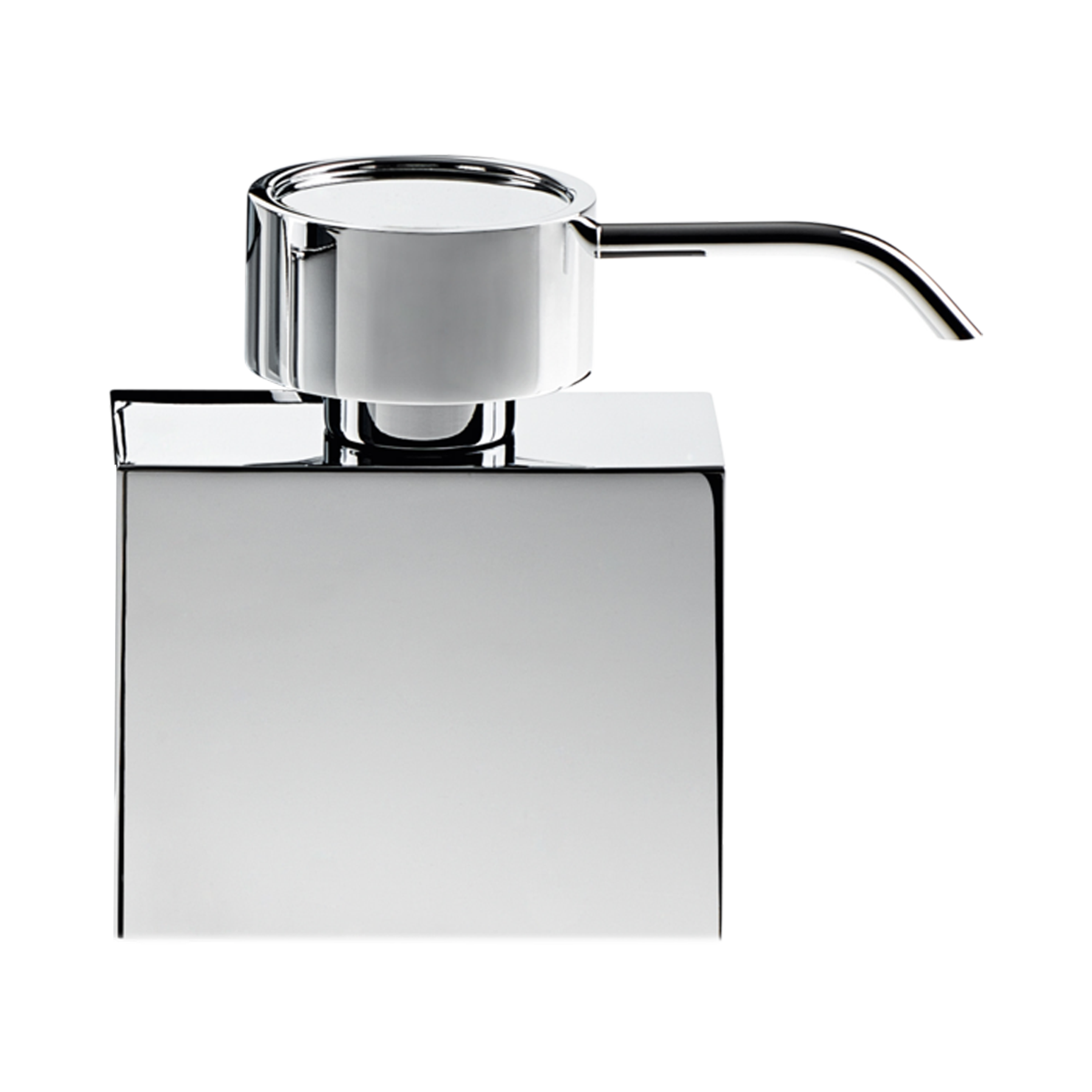 A modern and stylish cubic soap dispenser featured in an elegant chrome finish.