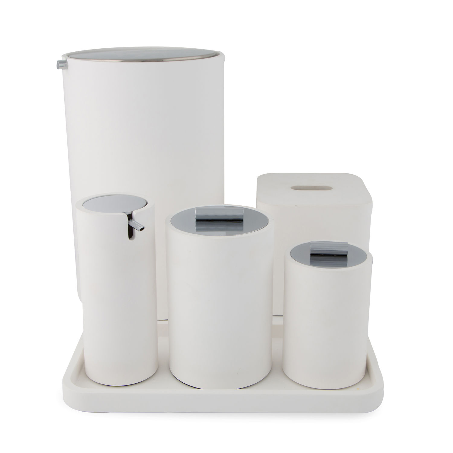 An elegant bath accessories collection in matte white with chrome details.