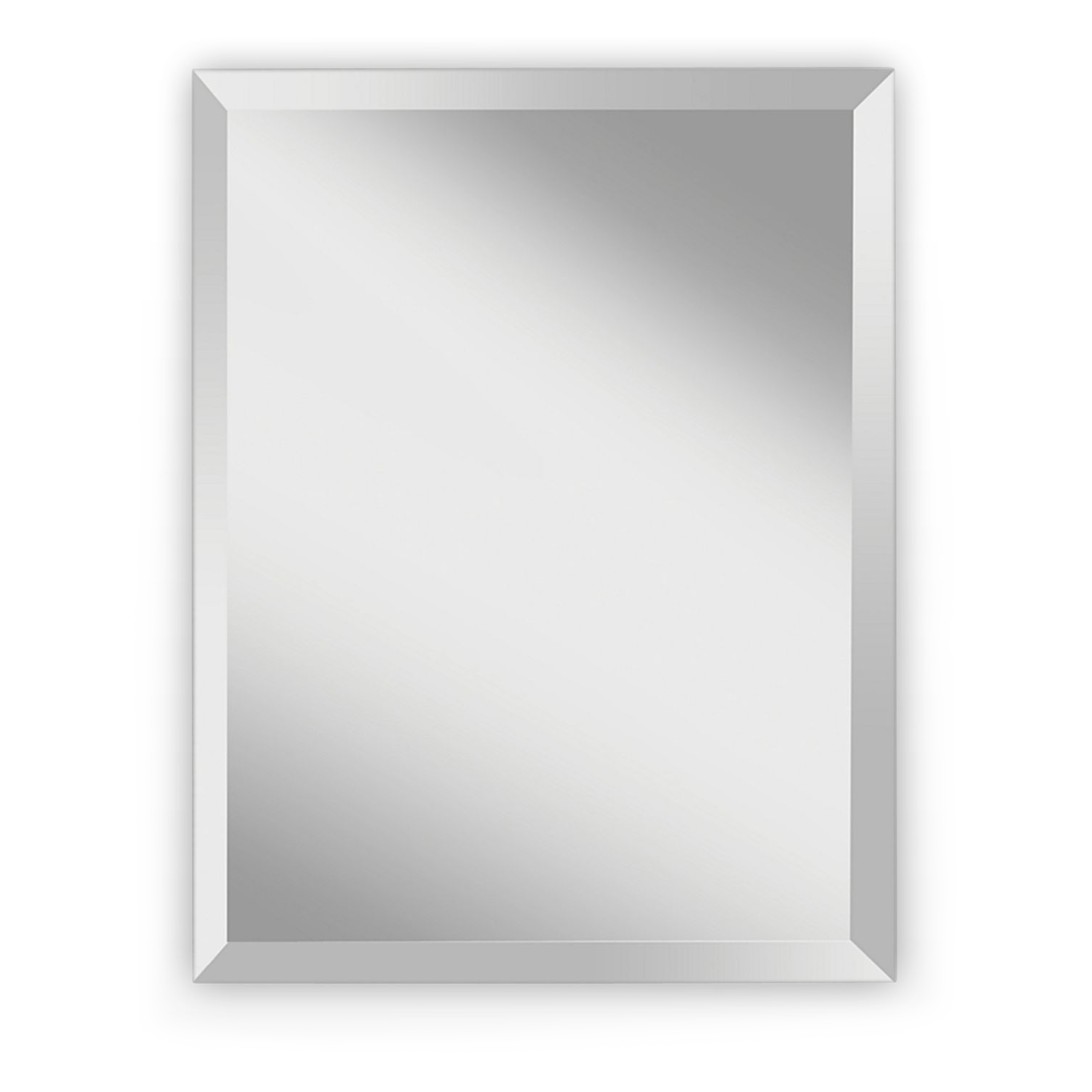 A sleek, frameless, contemporary mirror with a rectangular shape and a generously bevelled edge.