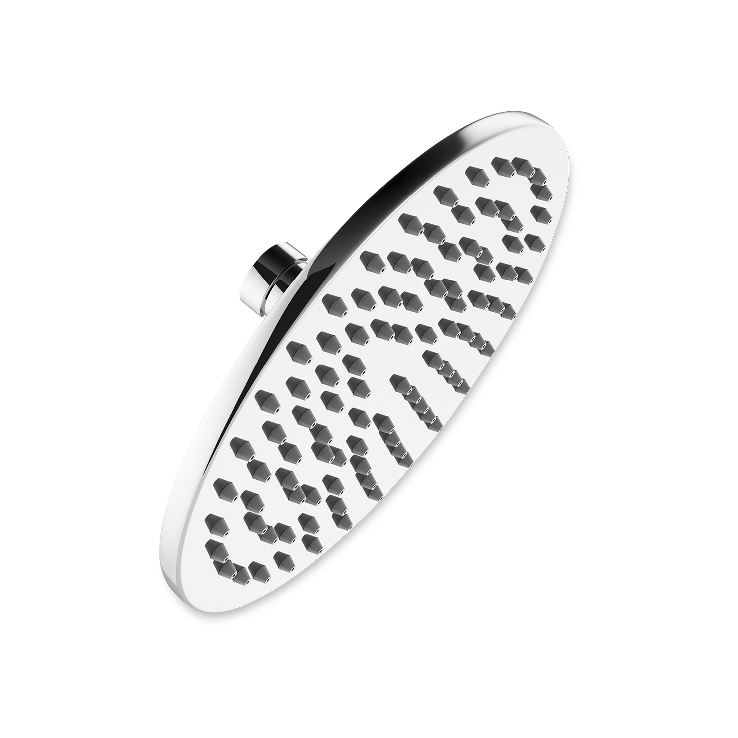 A modern shower head featuring cylindrical shapes and curved lines creating a simple clean feel.