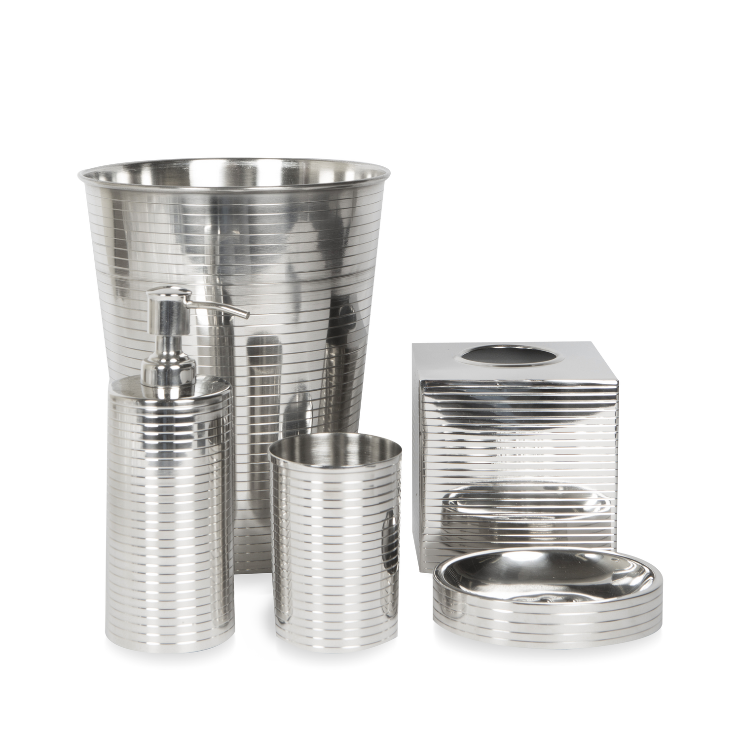 With a minimalist silhouette%2C the Axton Collection in stainless steel has a ribbed texture that makes in stand out in modern bathrooms.