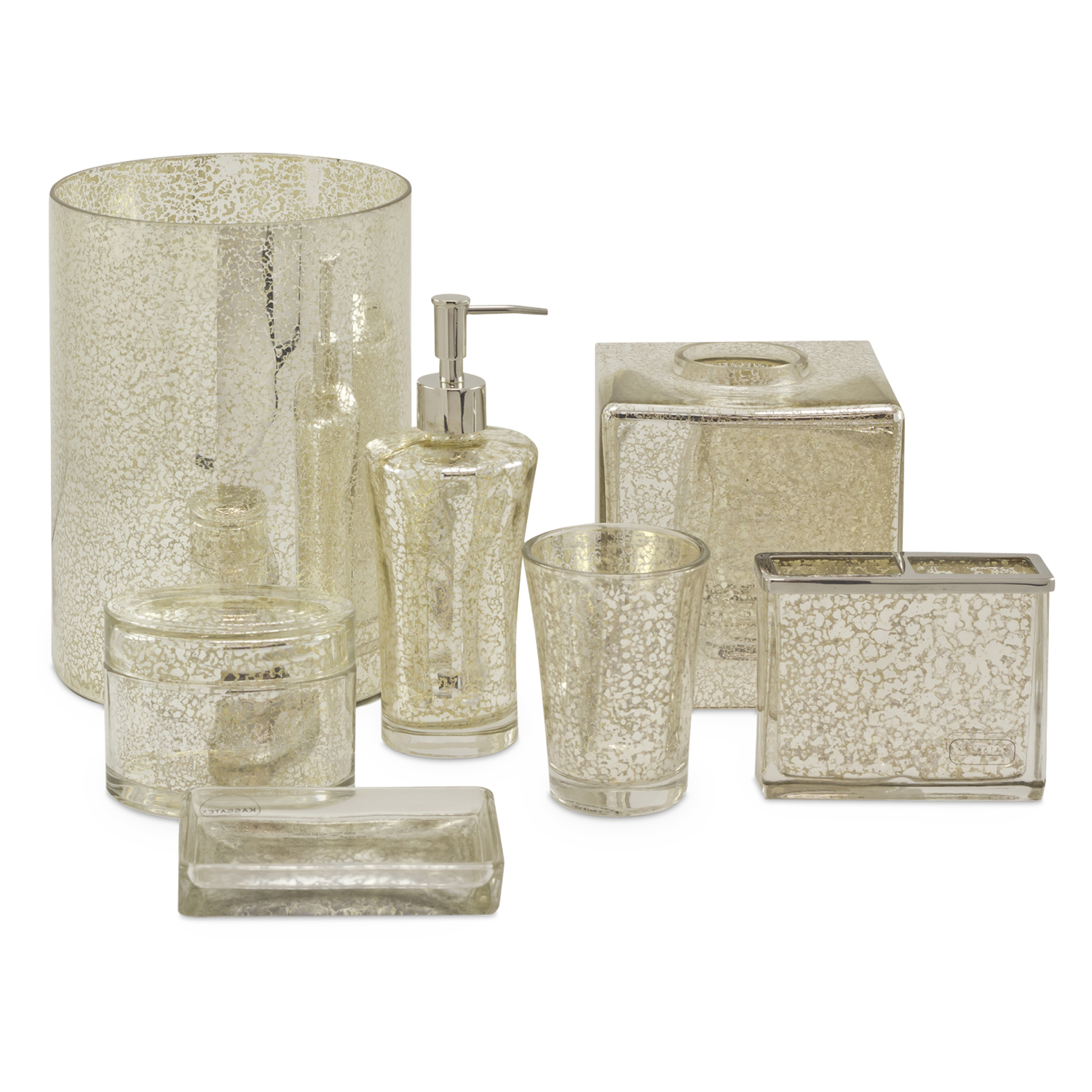 Crafted from sparkling mercury glass%2C the Vizcaya bath accessories illuminate with a delightful shine.