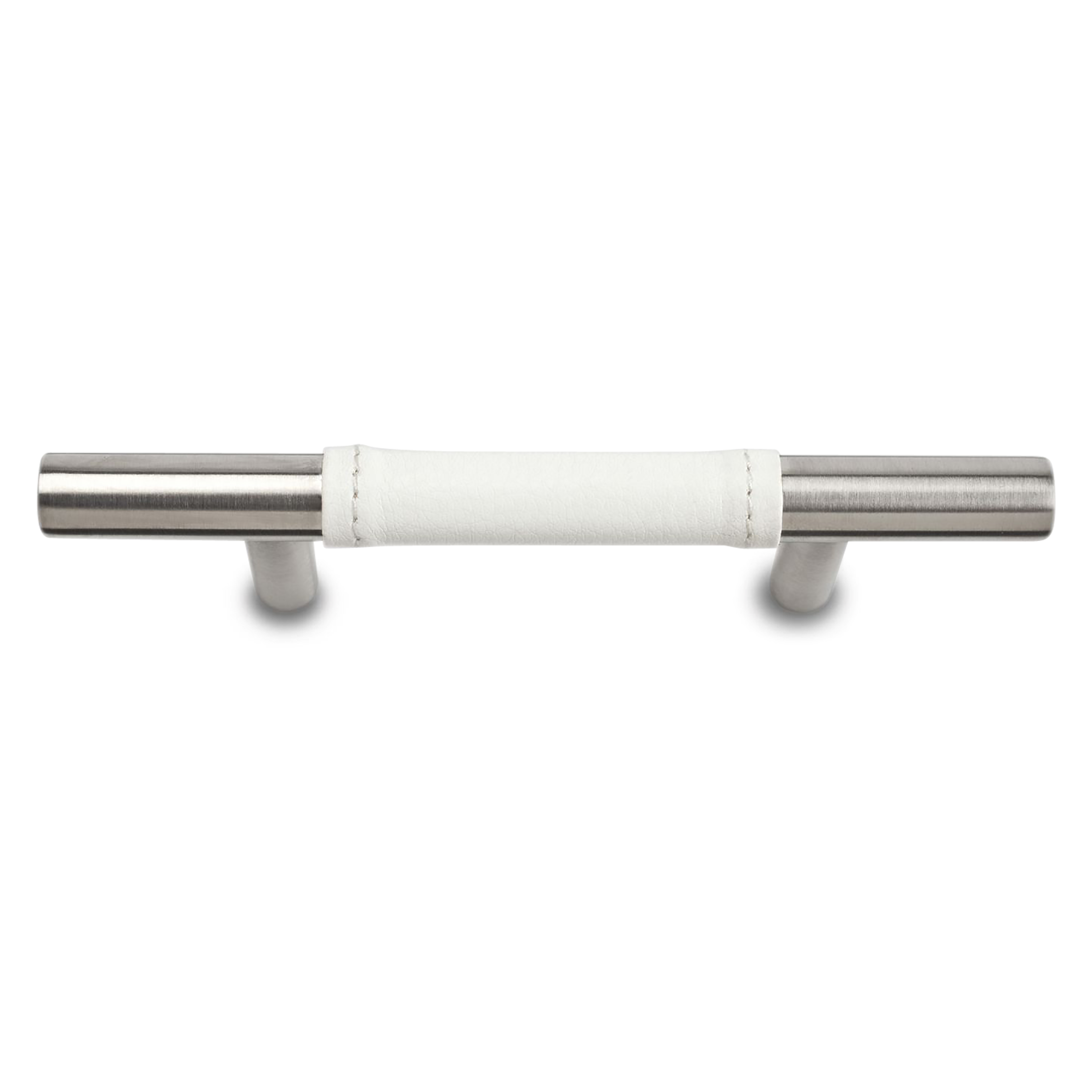 A modern pull with a white leather wrapped bar.