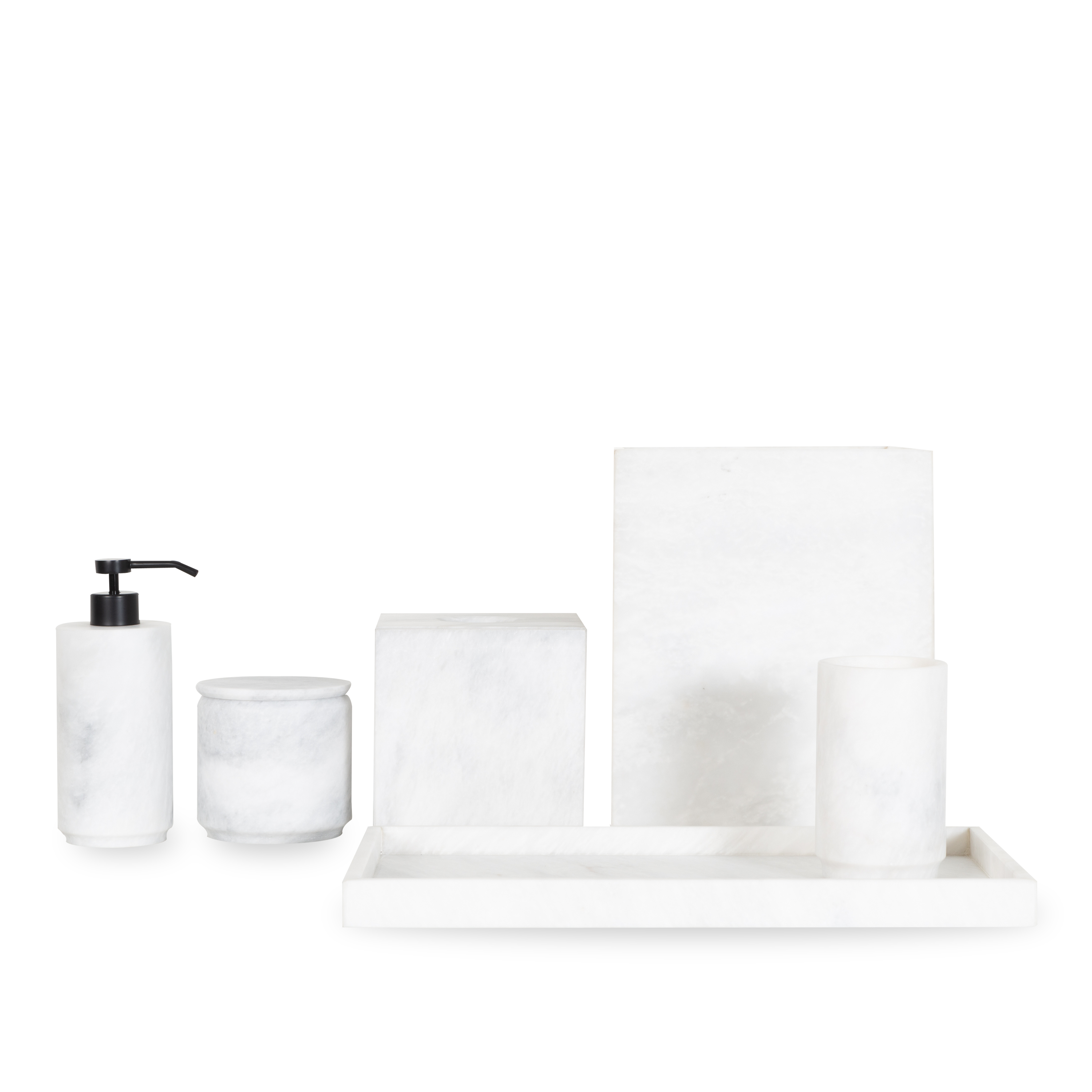 A gorgeous white marble collection of bathroom essentials with a minimalist design.