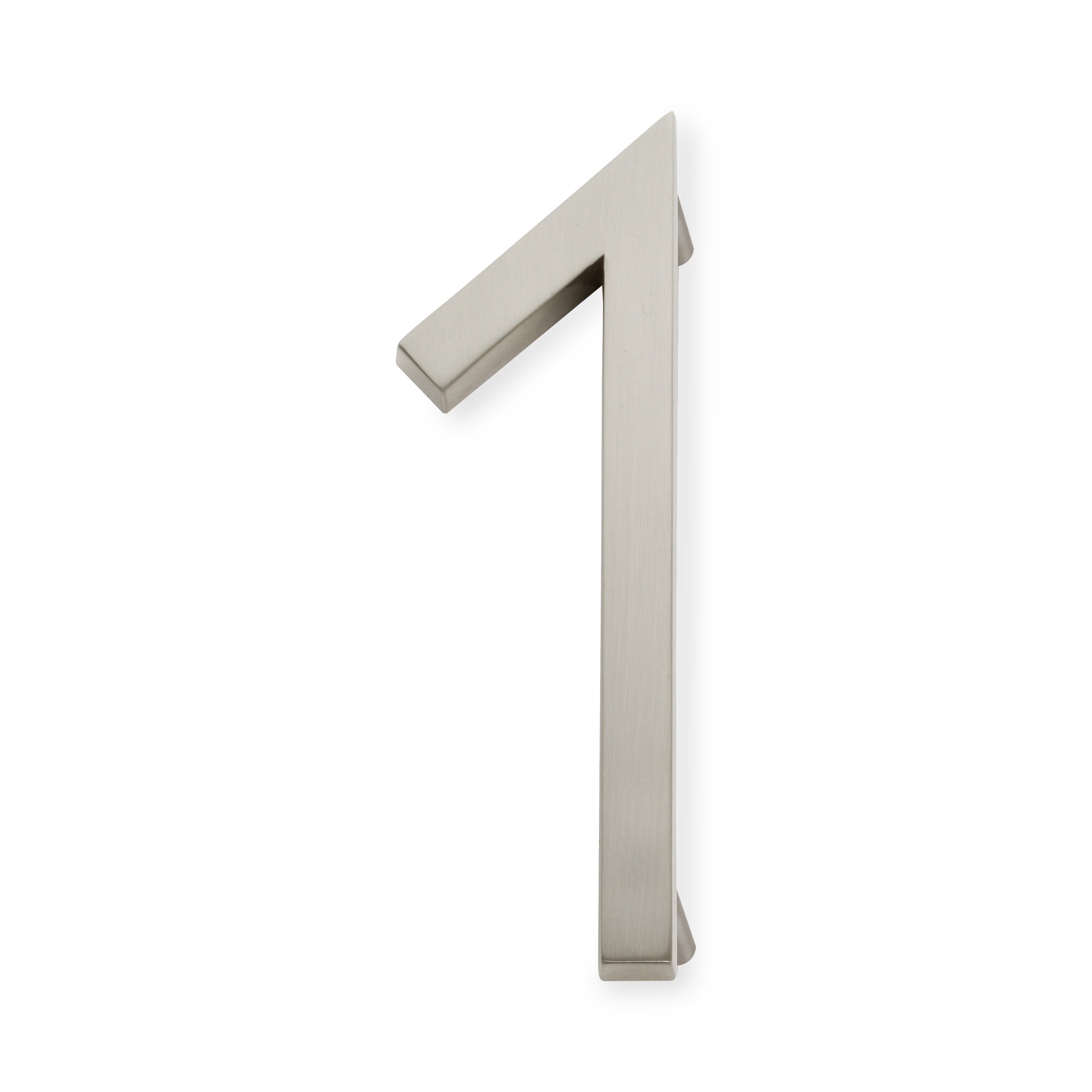 A seamless brushed nickel house number written in a narrow and modern font.
