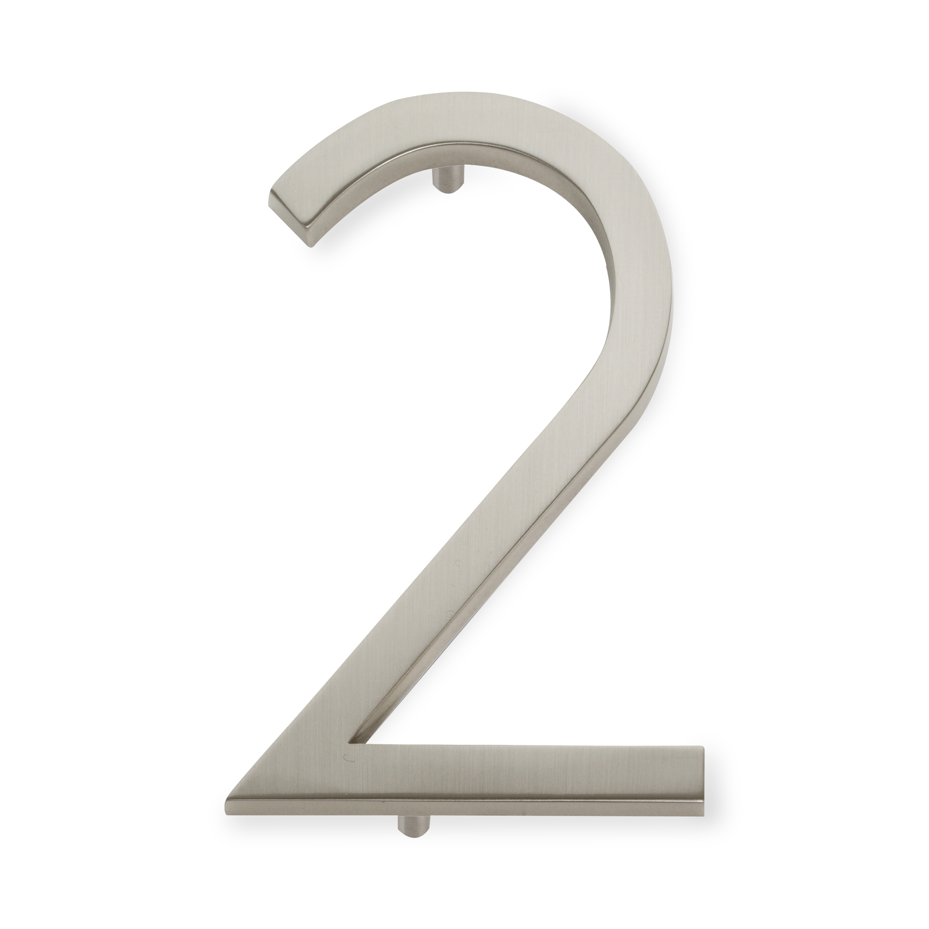 A seamless brushed nickel house number written in a narrow and modern font.