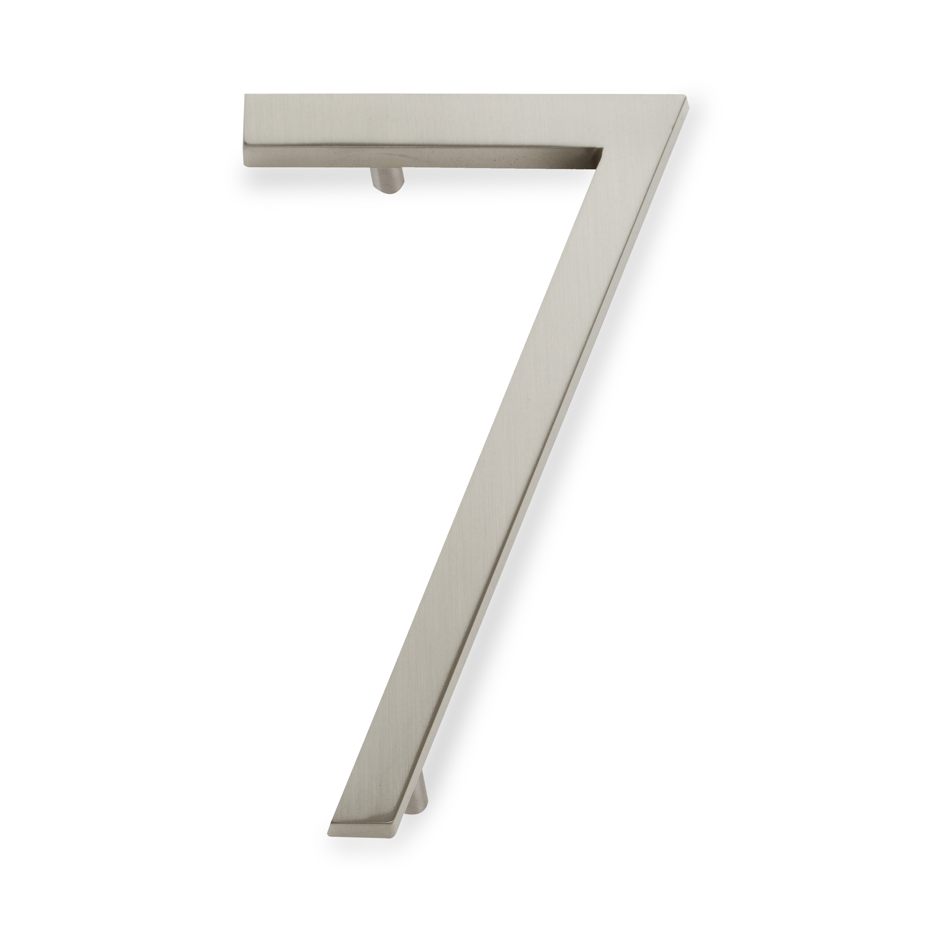 A seamless brushed nickel house number written in a narrow and modern font.