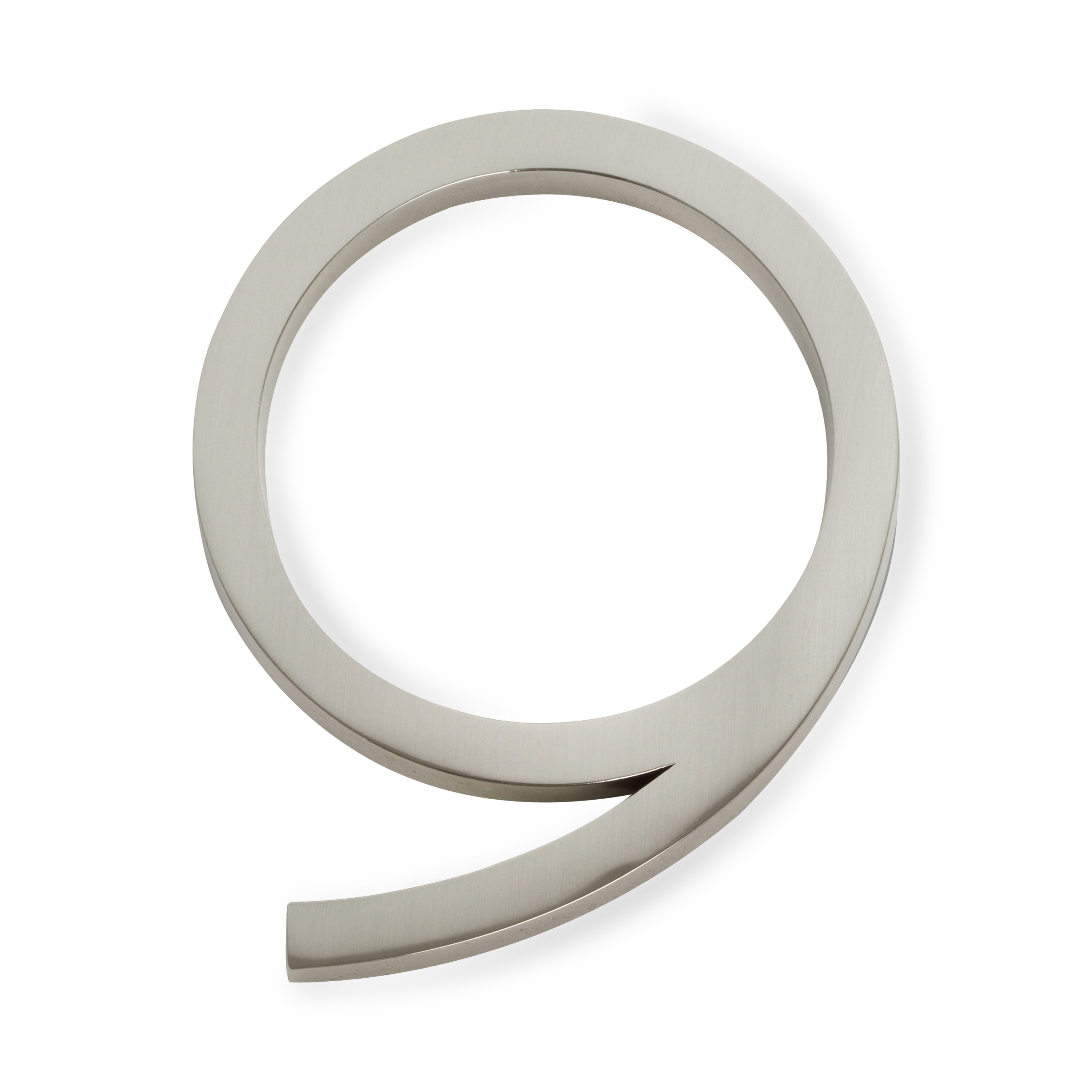 A seamless brushed nickel house number written in a narrow and modern font.